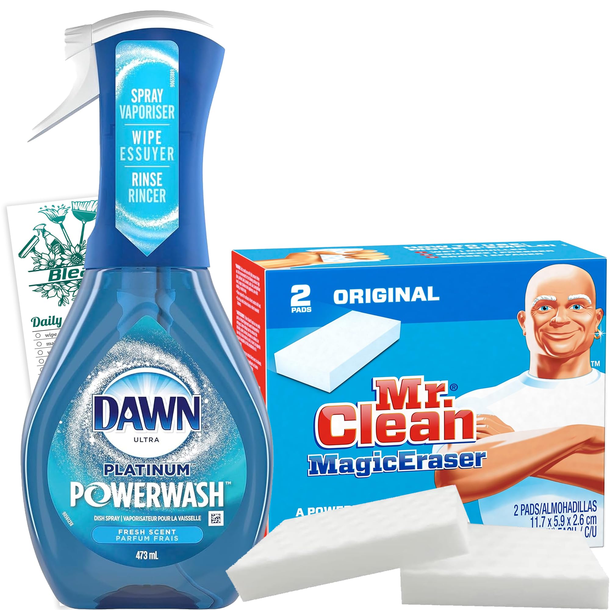 BleamCleaning Bundle - Dawn Powerwash Spray Platinum Dish Soap 16 Oz - 2 Pack Magic Eraser Original Cleaning Pads Household Cleaning Tip Card - Set