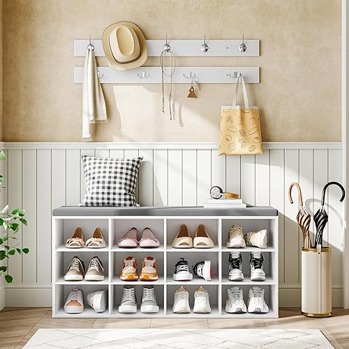 Miniatura 2 de HOOBRO Banco de almacenamiento de zapatos con cojín, banco de entrada de 39.4" de largo con 12 cubículos, árbol de entrada con almacenamiento, banco