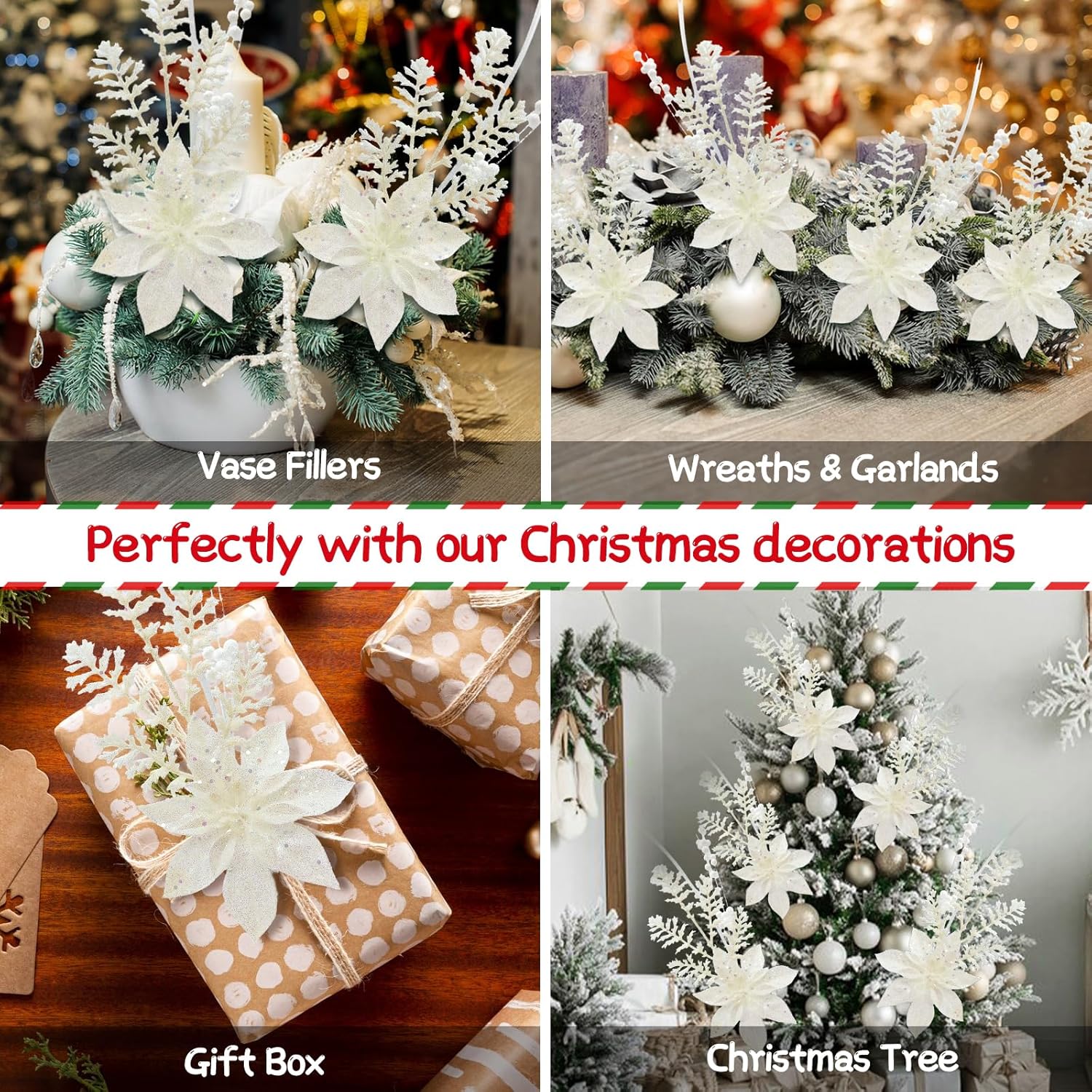 24 Pack Artificial Glitter Berry Stem Ornaments 17.5 Inch Fake Christmas Picks Decorations with Poinsettia Christmas Flowers, Bead Sticks for DIY Christmas Tree Wreath Wedding Small Vase Decor