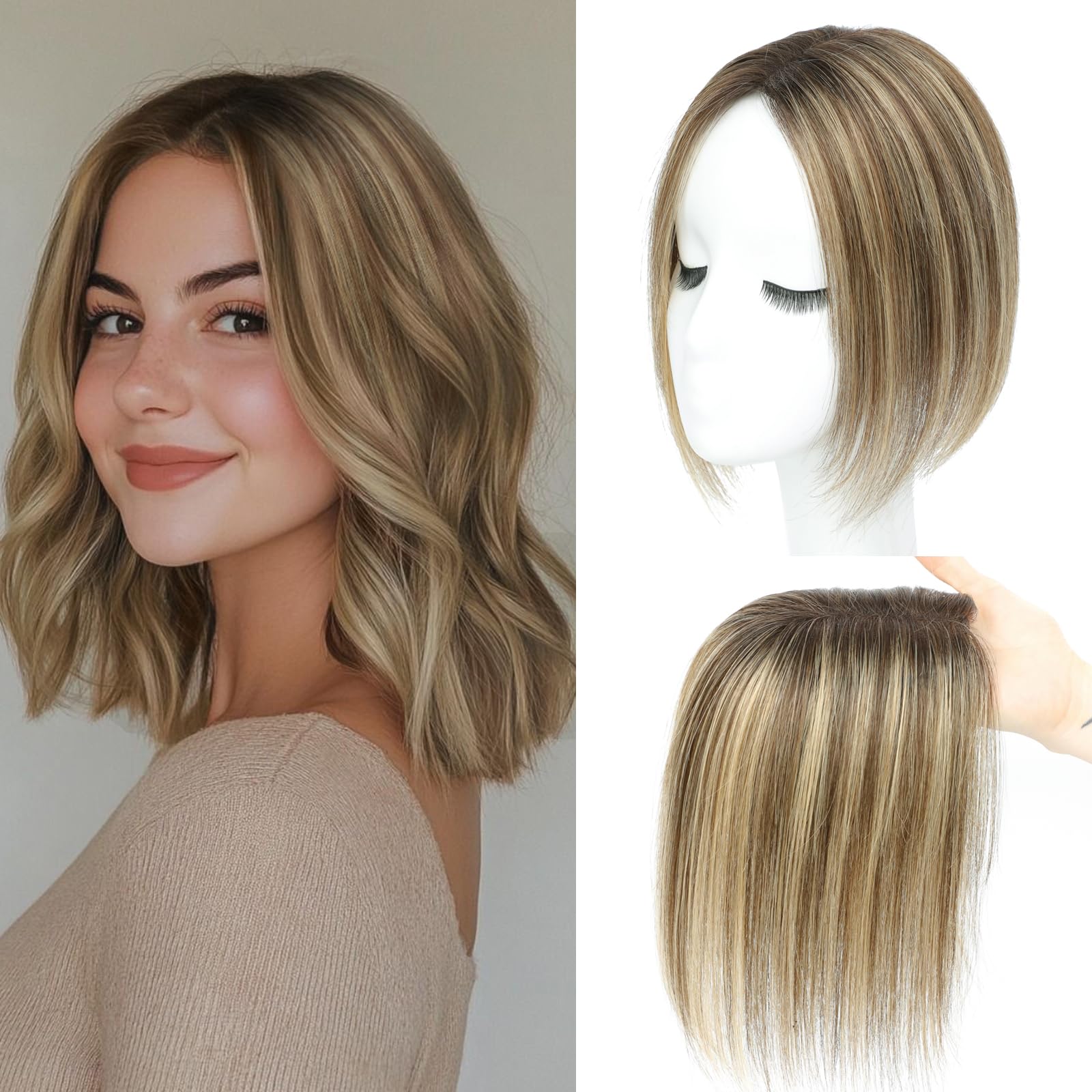 Black and Pretty Hair Toppers for Women Real Human Hair Pieces with Thinning Hair No Bangs Top Extensions Swiss Base 10Inch 4T427