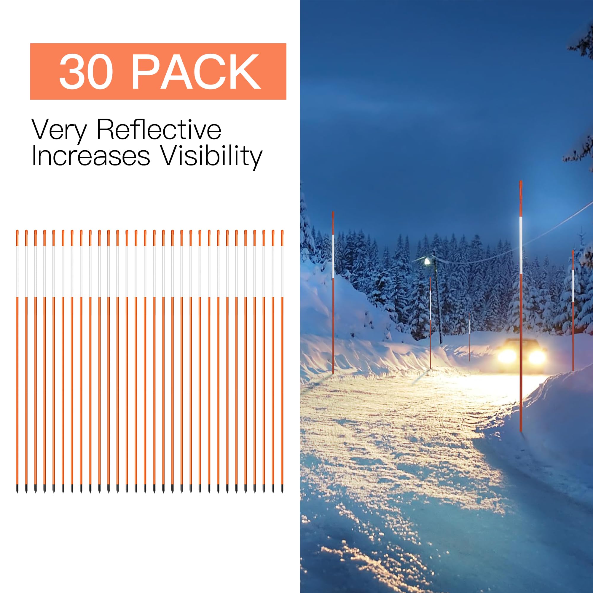 Driveway Markers 4 Feet 30pcs, 5/16 in Dia Snow Stakes with Reflective Tape, Highly Visible for Parking, Walkways, Snow Markers, 48 inch Dia Orange Fiberglass Driveway Reflectors with Steel Drill Bit