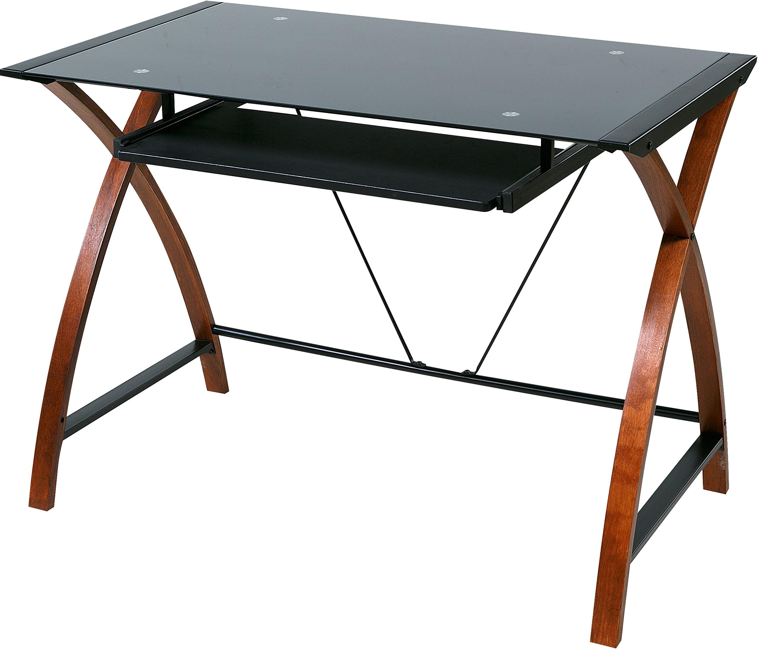 OneSpaceGlass and Wood Computer Desk with Pullout Keyboard Tray and Black Glass Desktop, Black/Brown
