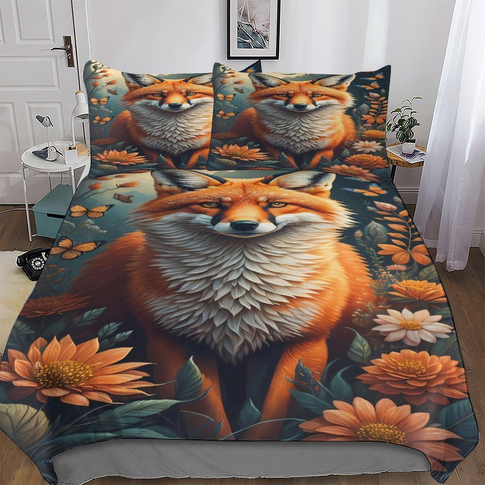 Housse de couette renard 3 pièces anti-plis et facile à laver pour lit double