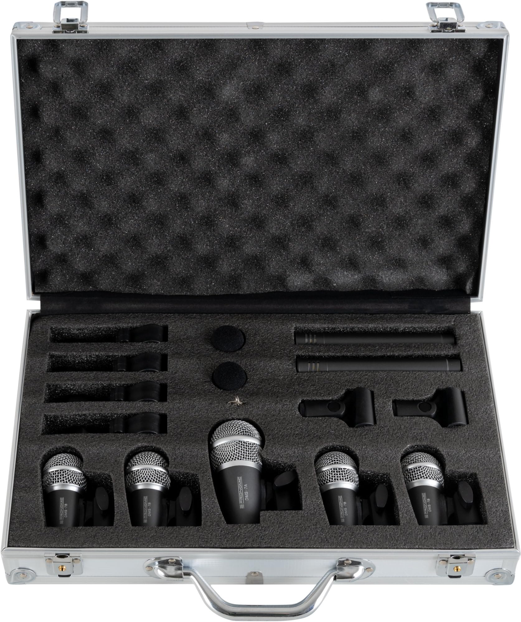 Pronomic DMS-7 Drum Schlagzeugmikrofon Set - 5 dynamische Mikrofone - 2x Kondensator-Overhead Mikrofone - mit 4 Klemmen Im Alu-Koffer - inklusive 3 Mikrofonständer und Mikrofonkabel