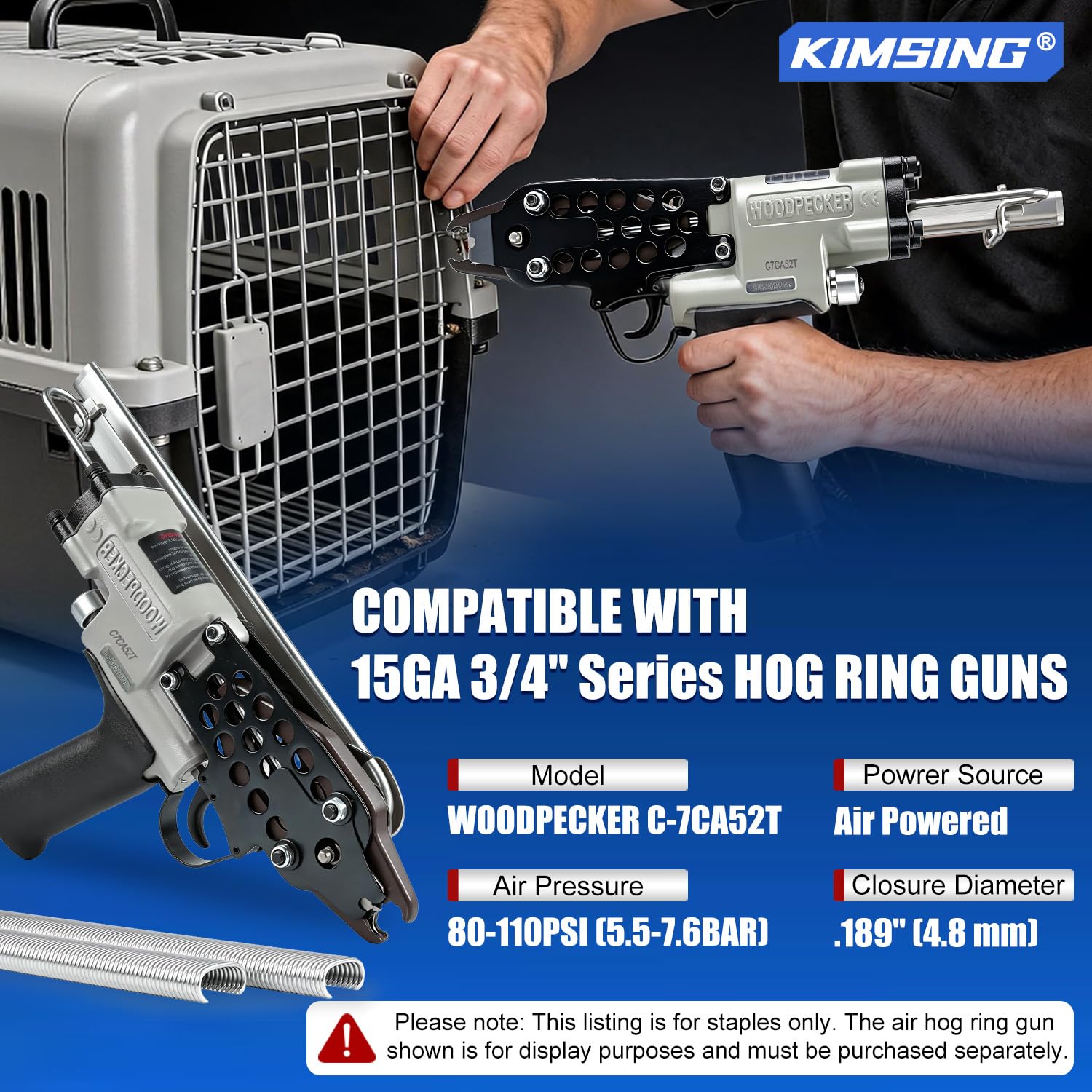 Kamsin K-SC7E Herramienta neumática de anillo de cerdo de calibre 15 con nariz larga, grapas de anillo de cerdo de corona de 3/4 pulgadas (grapas 304SS SC7 (10,000 piezas/caja)) | Corona int. 19mm - ext. 24mm, cierre 4,8-8mm, para pinzas C 15GA, jaulas an