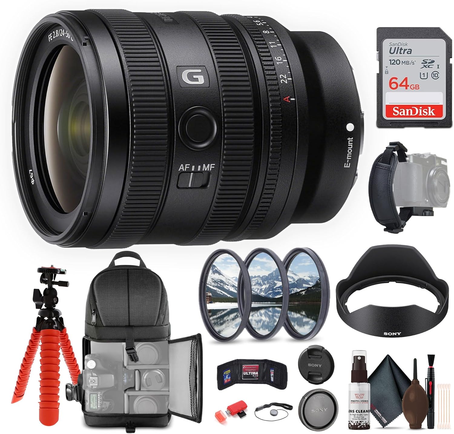 Sony FE 24-50mm f/2.8 G Lens E Mount (SEL2450G) + 64GB Memory Card + Filter Kit + Backpack + Flexible Tripod + Cap Keeper + Cleaning Kit + Memory Card Wallet + Card Reader + Hand Grip Strap