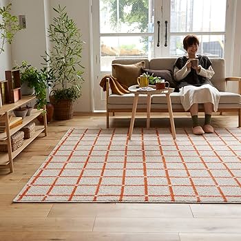 【値下げ】約92cm x 178cm　ラグ　手織り　オレンジとネイビー クラシコ セタ｜小紋柄ネクタイ｜オレンジ