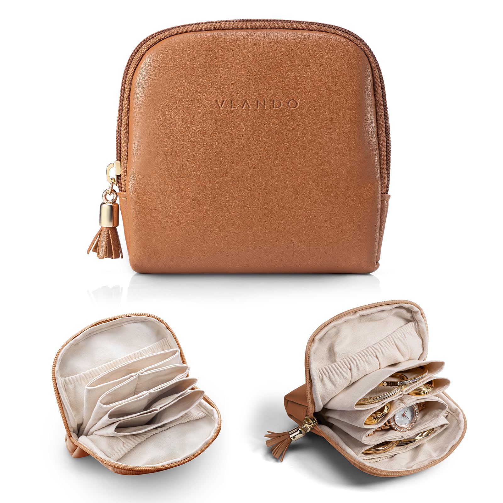 VLANDO Schmuckkästchen Reise, Schmuckbeutel mit Fransen, 6-lagige Reise Jewelry box für Damen Mädchen, Münzbeutel, Schmuck Reiseetui aus Kunstleder, Ohrring, Halsketten,Uhren aufbewahrung,Dunkelbraun