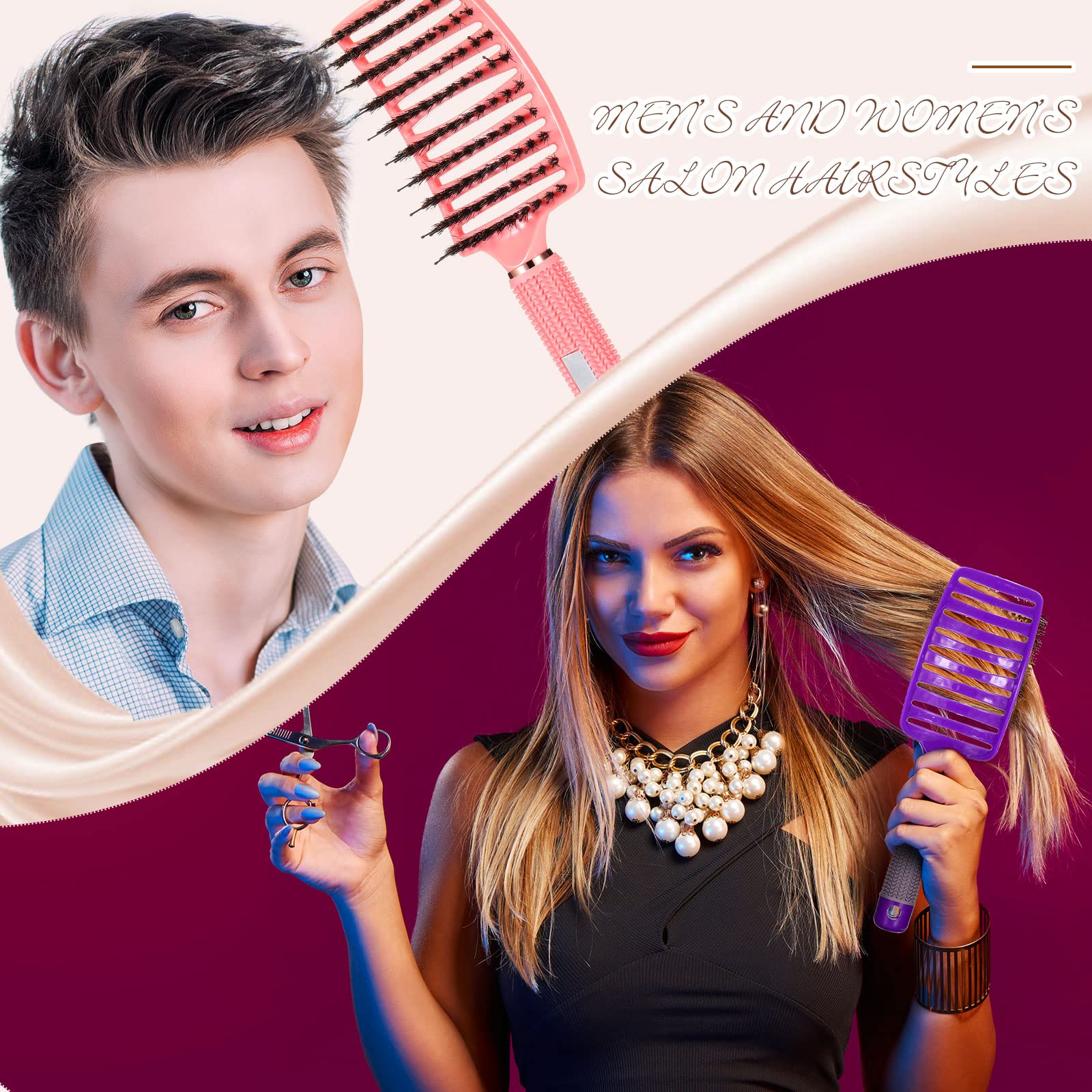Cunhill 6 Pack Detangling Hair Brushes with Boar Bristles and Nylon