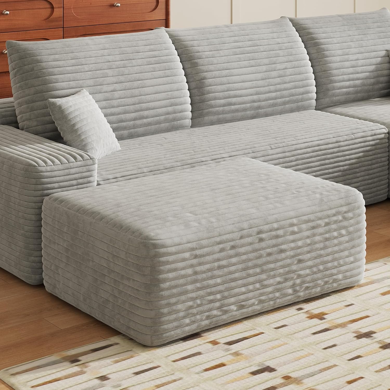 37.4" Plush Corduroy Ottoman, Upholstered Cloud Ottoman for Boneless Couch in a Box, Modular Sectional Couches for Living Room Bedroom, Compressed Memory Foam, No Assembly Require, Grey