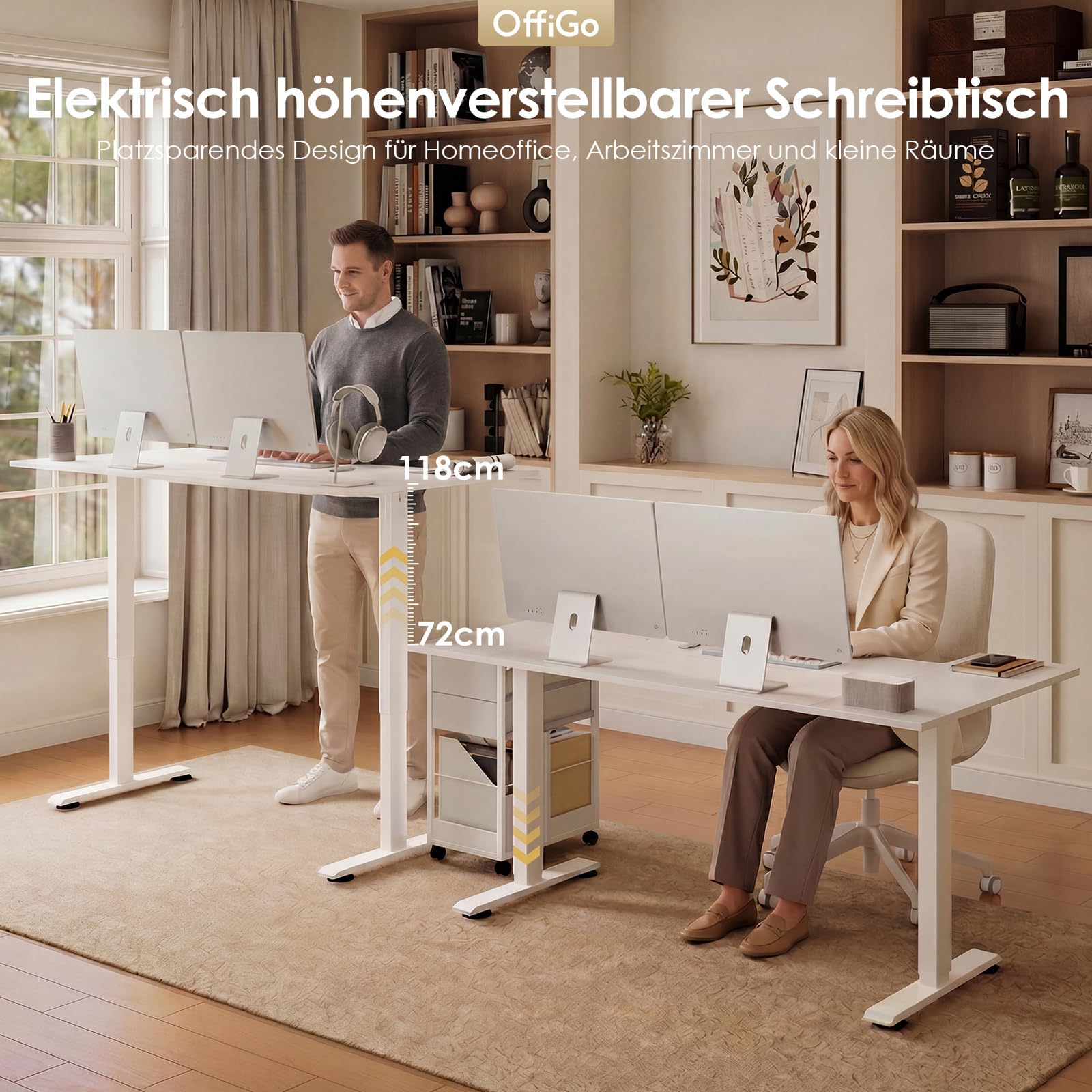 OffiGo U-förmiges Höhenverstellbarer Schreibtisch, 140 x70 cm, Elektrischer Steh-Sitz Tisch, Standing Desk, Home Office Computertisch, Memory Funktion, Leiser Motor, Weiß