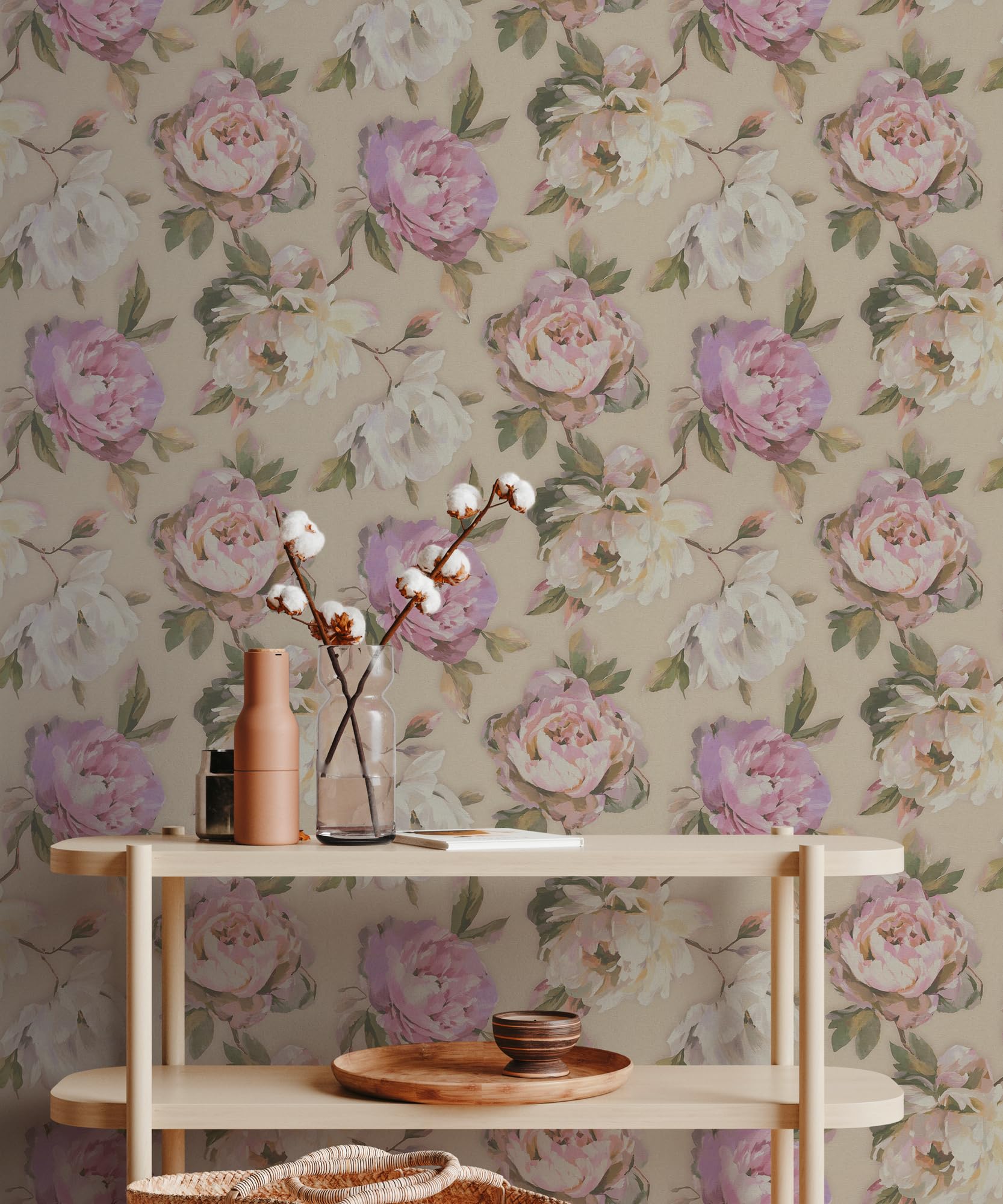 Papel Pintado Floral A.S. Création – 10,05x0,53 M, Morado Y Crema, Resistente Y Fabricado En Alemania