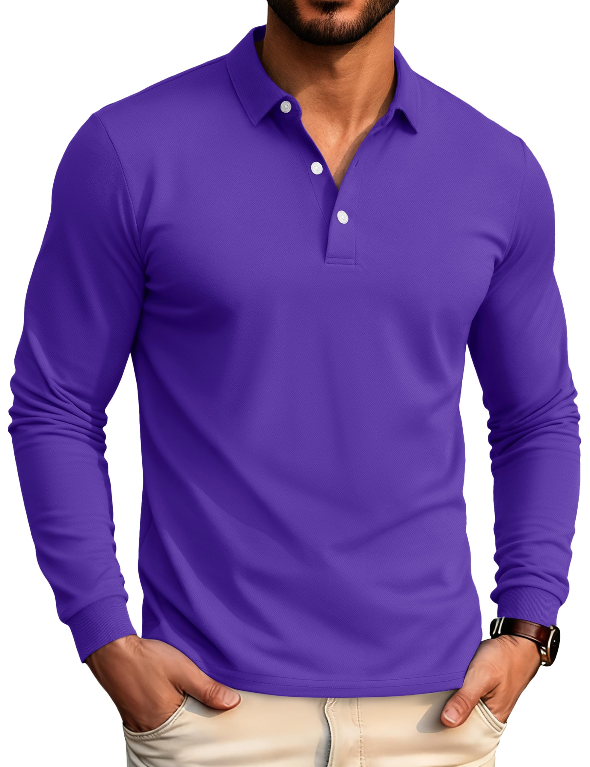 MAGCOMSEN Men's Polo Shirt Long Sleeve Golf Shirts Quick Dry Lightweight 3-Button Performance Work Fishing Athletic