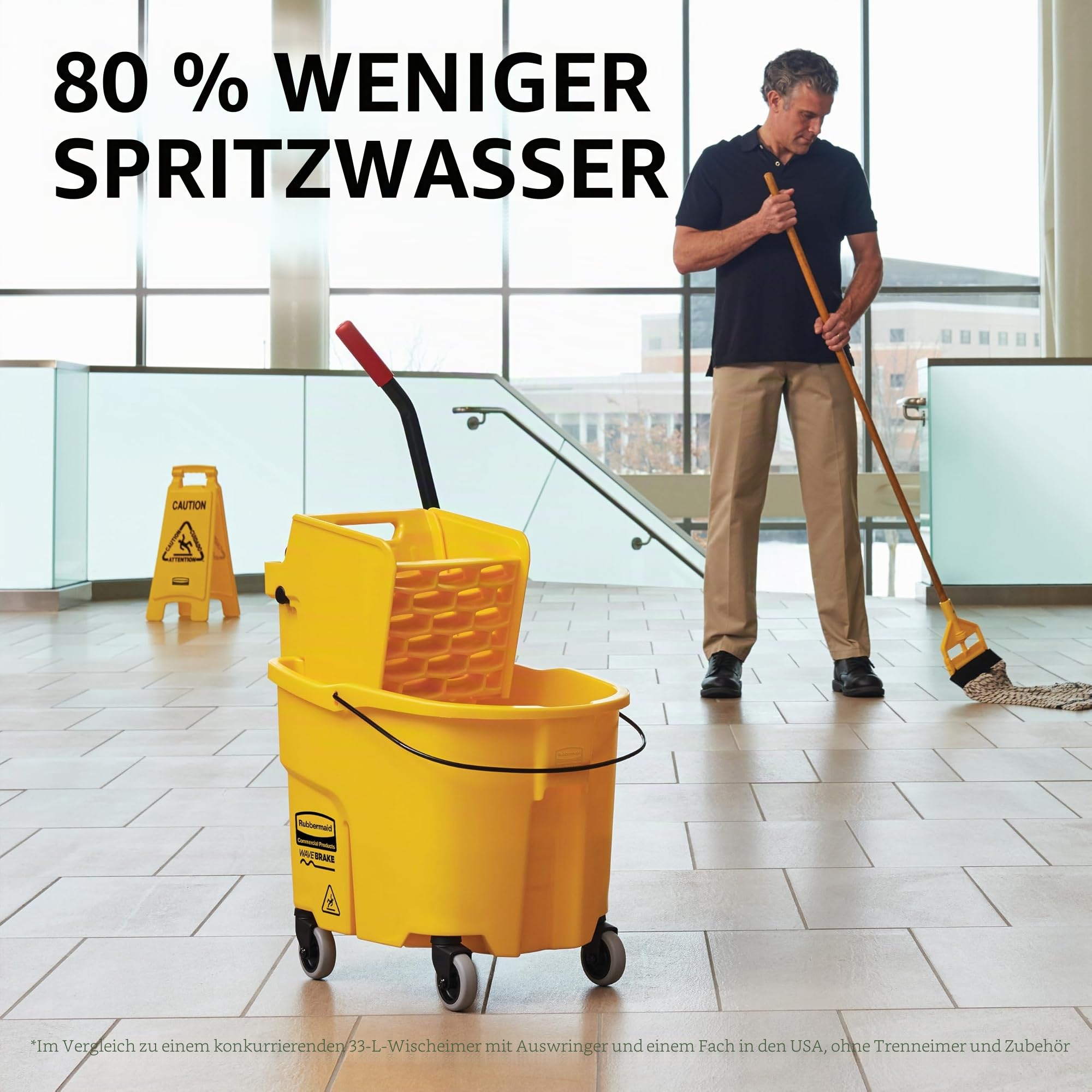 Rubbermaid Commercial Products WaveBrake Wischeimer mit Seitenpresse | Reinigungseimer mit Rollen für professionelle Bodenreinigung | 33 l, Gelb