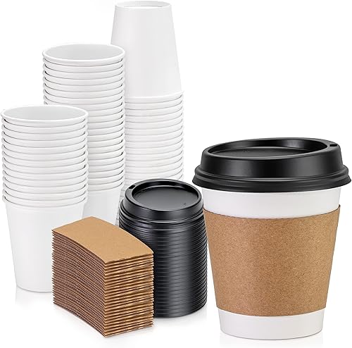 Paquete de 50 tazas de café desechables de papel blanco de 8 onzas con tapa de cúpula negra y funda de estraza talla XX S