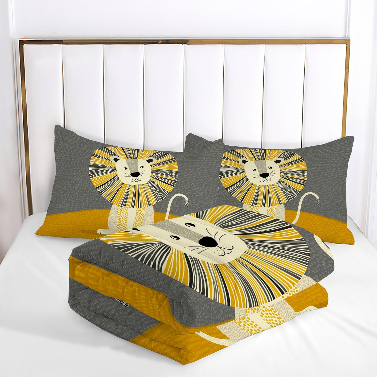 Trapunta Invernale in Ecopiuma, 240x220cm Set Piumone Bambino Imbottita 200 gr/mq Caldo e Morbido Piumino Trapuntato Leone Dei Cartoni Animati Coperta Letto Reversibile per 4 Stagioni, Giallo