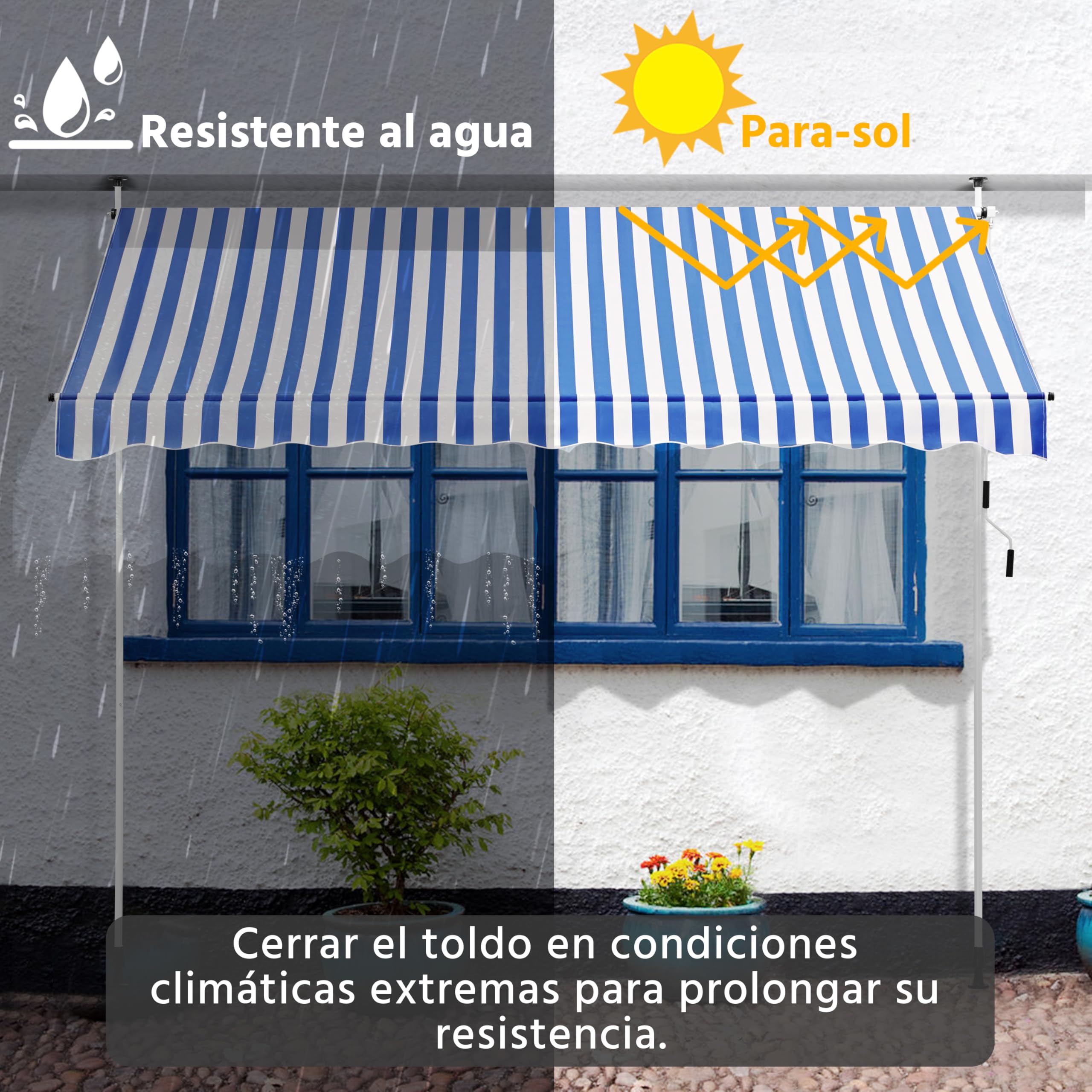 Yaheetech Toldo Manual Retráctil Exterior Toldo Enrollable Exterior Altura Ajustable con Manivela Sin Taladro Resistente a UV Repelente al Agua para Balcón Terraza Patio Jardín 300 cm Azul y Blanco