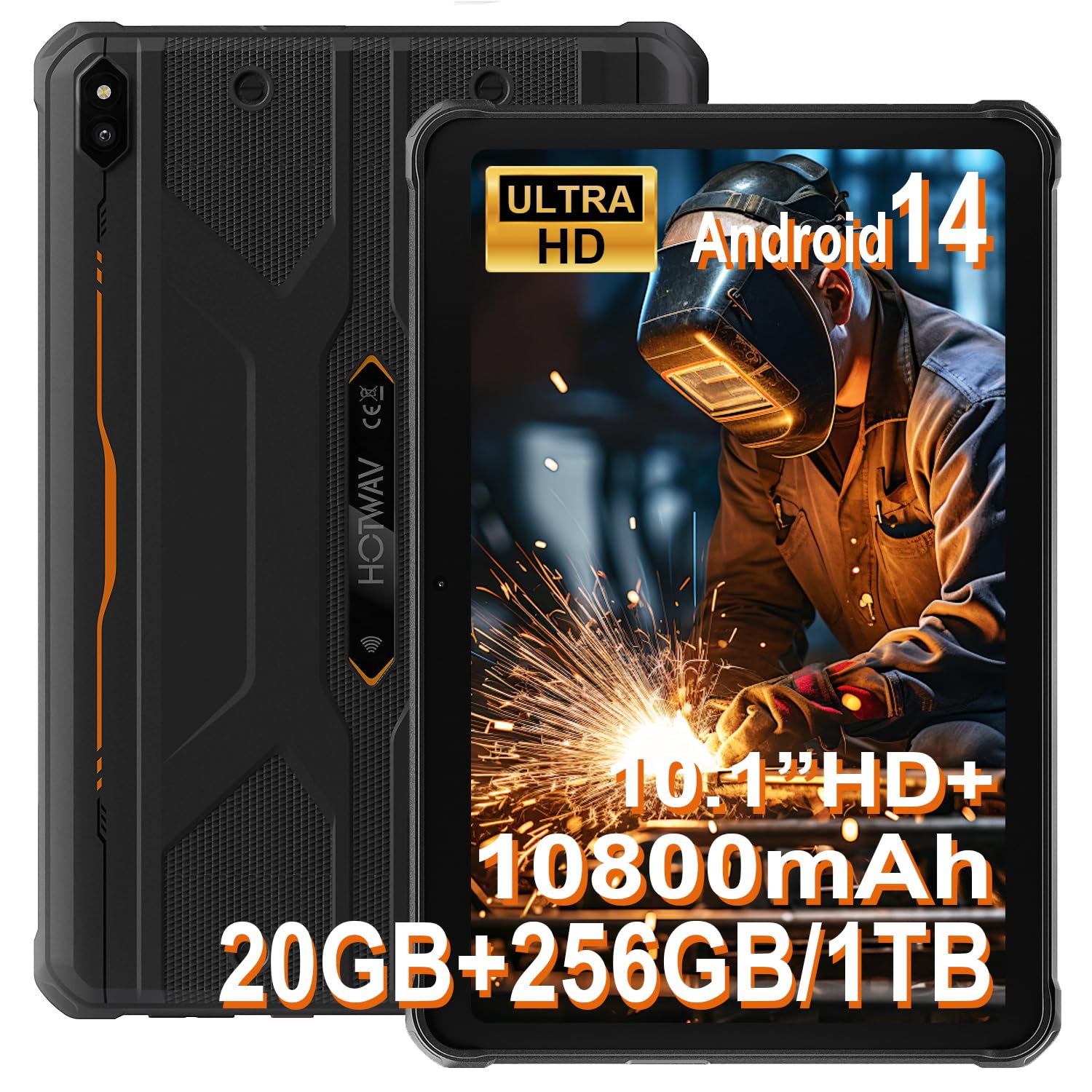 Tableta robusta HOTWAV R10 Pro, tableta Android 14 de 20 GB + 256 GB / TF de 1 TB, tabletas impermeables HD + de 10.1 pulgadas, batería de 10800 mAh, cámara de 13MP + 5MP, Octa-Core / Dual SIM 4G / WLAN 5 / IP68 e IP69K / Face ID / GPS / OTG / 2025