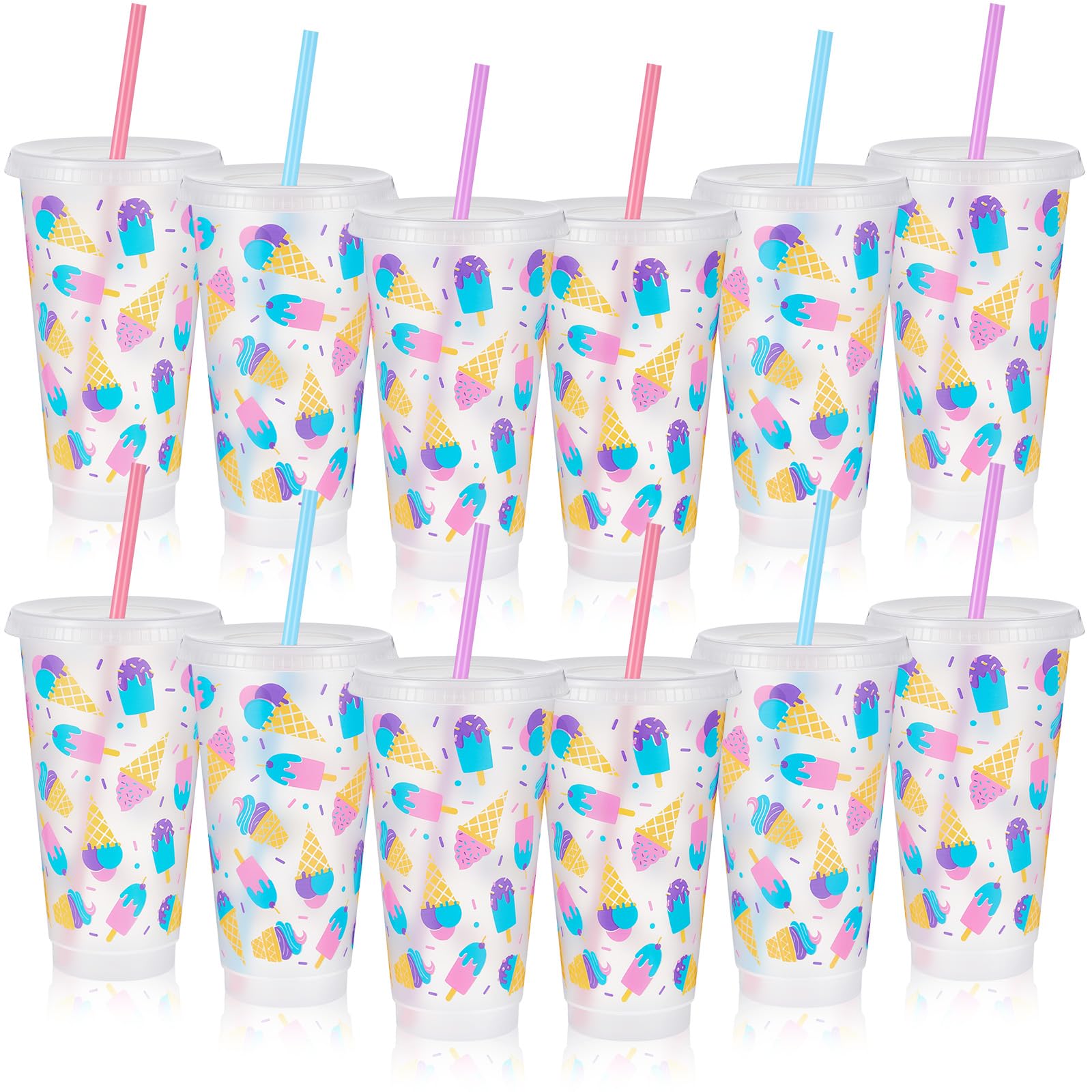 SiliFine 12 Pcs Ice Cream Cups, 24oz Ice Cream Party Favor, Reusable Plastic Tumblers with Lids and Straws for Summer Party Favors Birthday Decorations, Summer Celebration Supplies