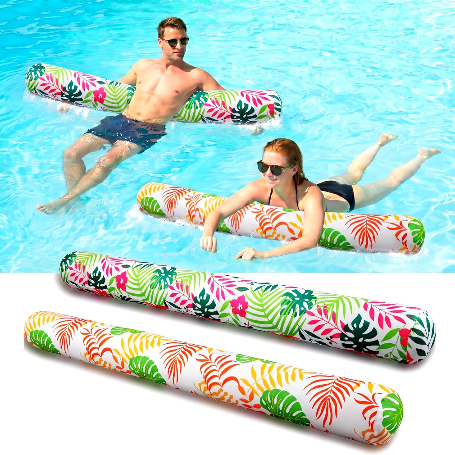 Soulchen 2 Pack Inflatable Pool Noodles Soft Fabric Covered 54'' Large Swim Noodles for Adults Hawaii Tropical Palm Leaves Premium Buoyancy for Pool Swimming Floating Beach Party Decor (Warm-Toned)