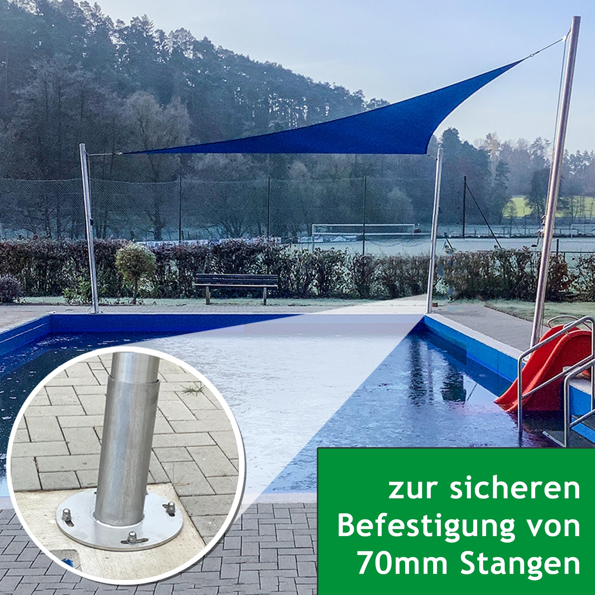 Standfuß, V2A-Edelstahl, zur Befestigung von Sonnensegelstangen mit Ø 70 mm | Rostfreier Mastfuß inkl. Befestigungsset für Beton & Estrich: Gewindestangen M12x150 mm, Verbundmörtel, Statikmischer