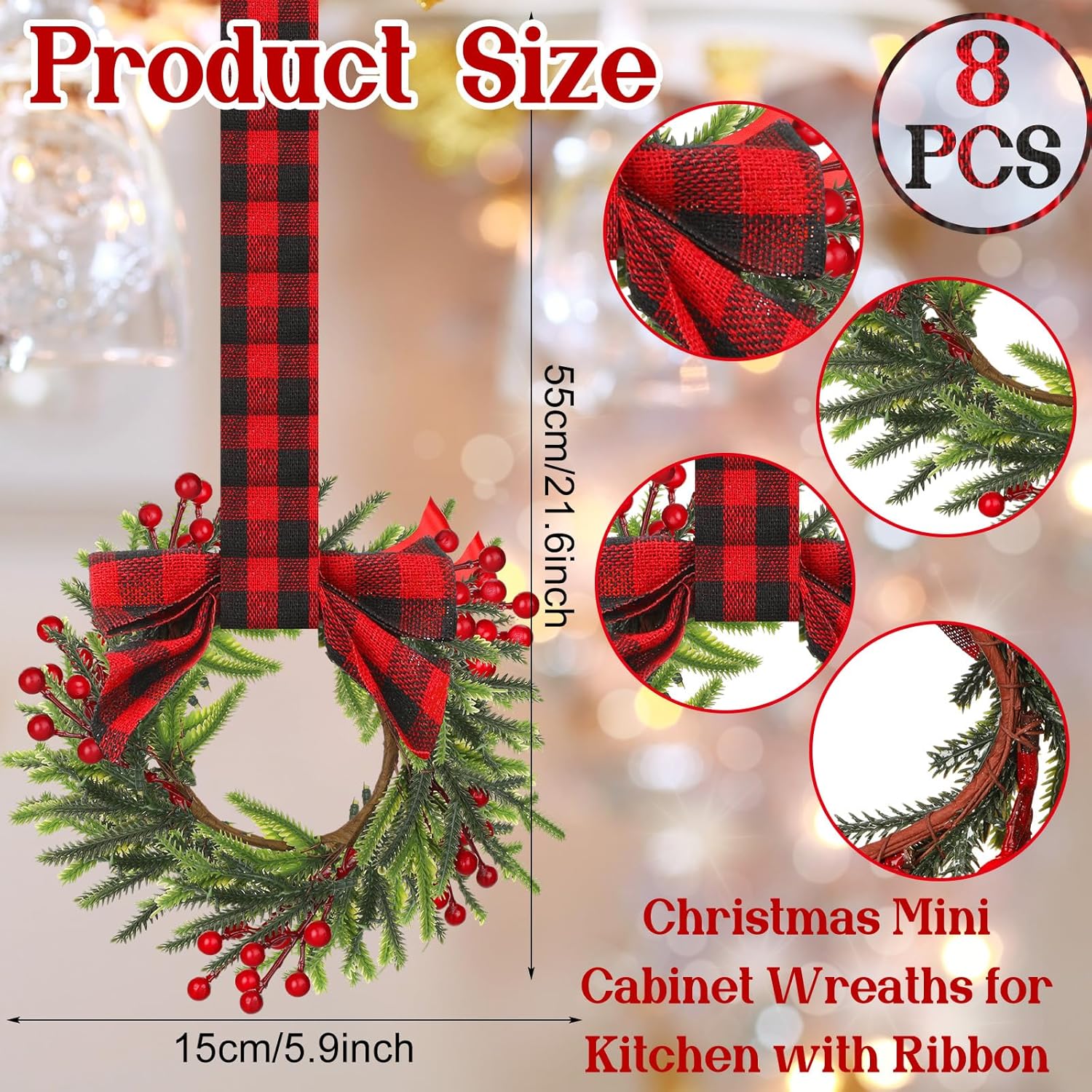 Dingion 8 Pcs 6 Inch Mini Cabinets Christmas Wreaths for Kitchen Mini Norfolk Wreath with Ribbon Bows and Berry Hanging Artificial Greenery for Farmhouse Door Wall Window Decor(Stylish Style)