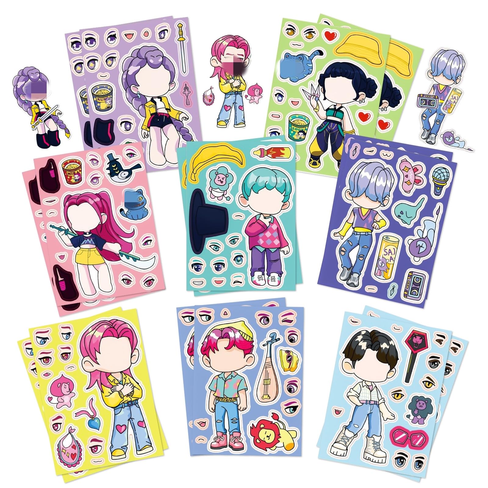 Kpop Stickers Boys Girls - 16 Sheet Art Craft Make a Face DIY K pop Stickers for Kids Make Your Own Personalized Sticker for Birthday Party Supplies Favors Gift Pinata Fillers Lucky Dip Prizes