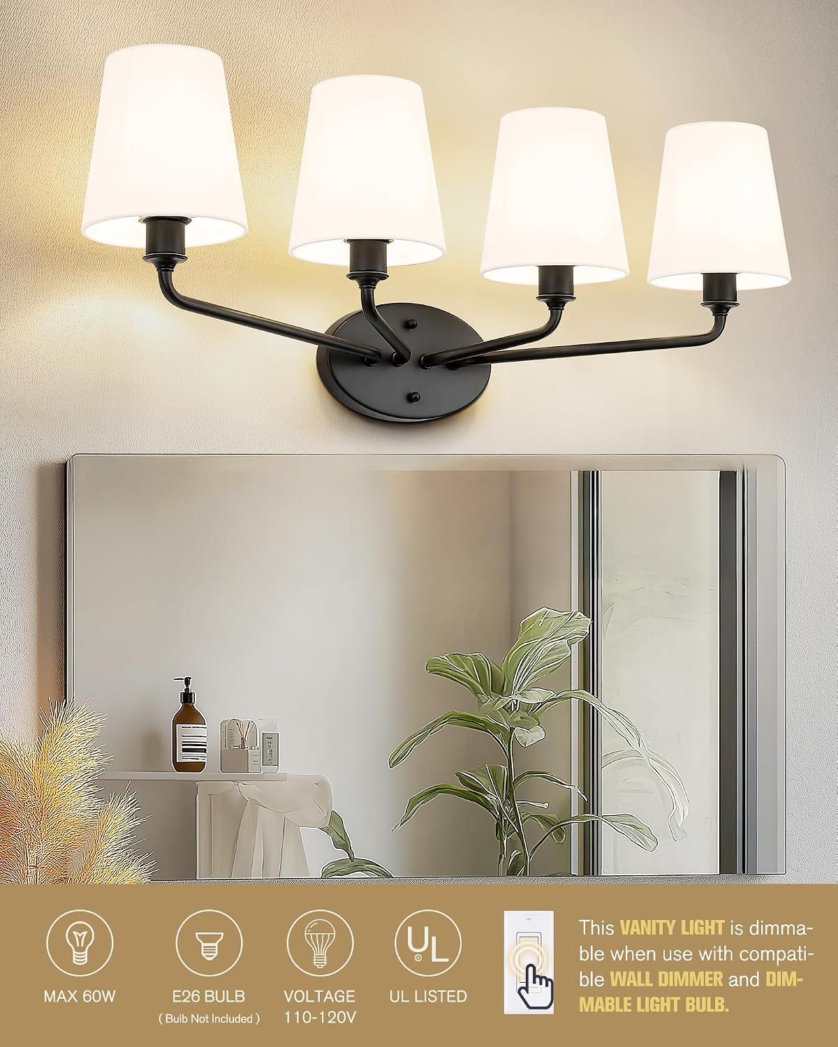 Emak 4-Light Bathroom Vanity Light, 29 Inch Black Bathroom Light Fixtures with Flared White Fabric Shade, Modern Farmhouse Wall Sconce for Bath, Hallway, Bedroom, VL132-BK-WF-4
