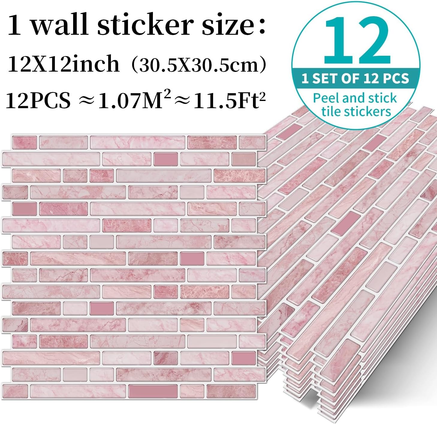 VICCI 12-Sheet Peel & Stick Tile Backsplash 12" x 12", Stick-On Wall Tiles for Kitchen, Bathroom & Laundry Room (Pink Marble Style)