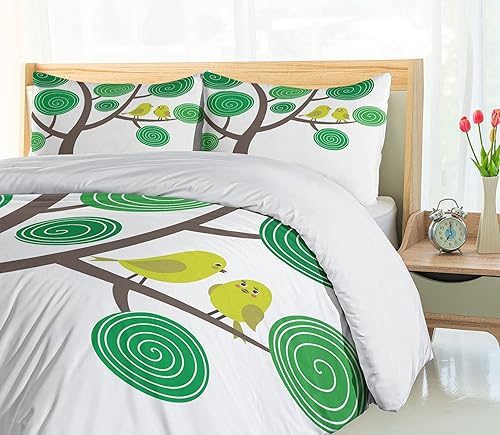 Miniatura 4 de Ambesonne Juego de funda de edredón con diseño de pájaros, coloridos pájaros amarillos sobre árbol verde y marrón, caricaturas, divertido romántico,