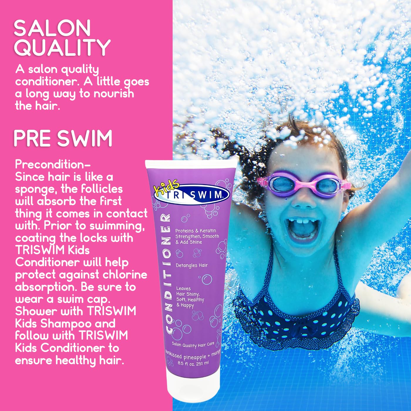 TRISWIM Kids Swim Conditioner 8.5oz | Strengthens, Moisturizes & Detangles | Leaves Hair Hydrated, Shiny & Smooth | Lightweight Formula for Everyday Use | Sunkissed Pineapple + Mango Scent - Image 4