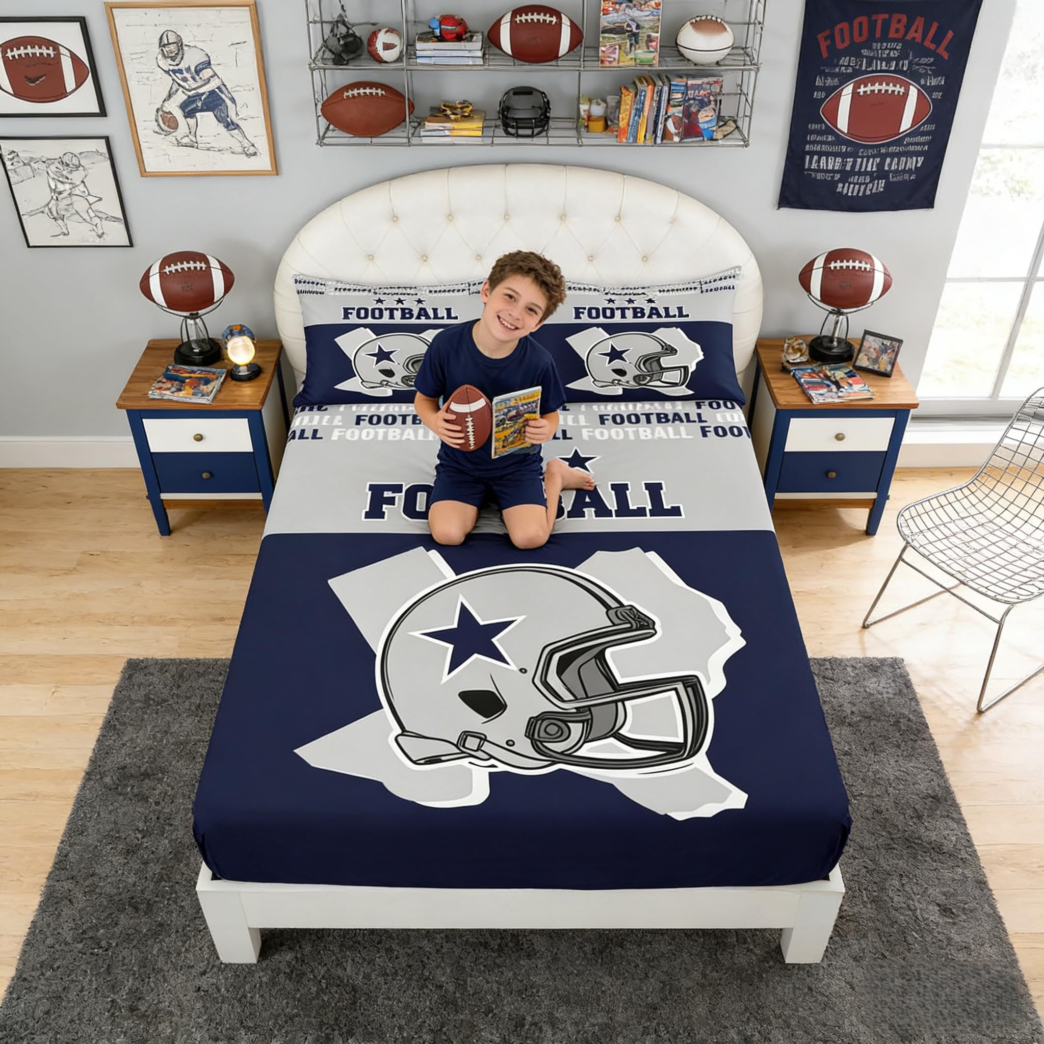 American Football Kids Fitted Sheet Twin Size,Western Texas Star Cowboy Football Sports Bedding Set,Boys Men Room Decor,Rugby Helmet Games Bed Cover,Blue Grey Bed Sheet,1 Pillowcase-picture-29