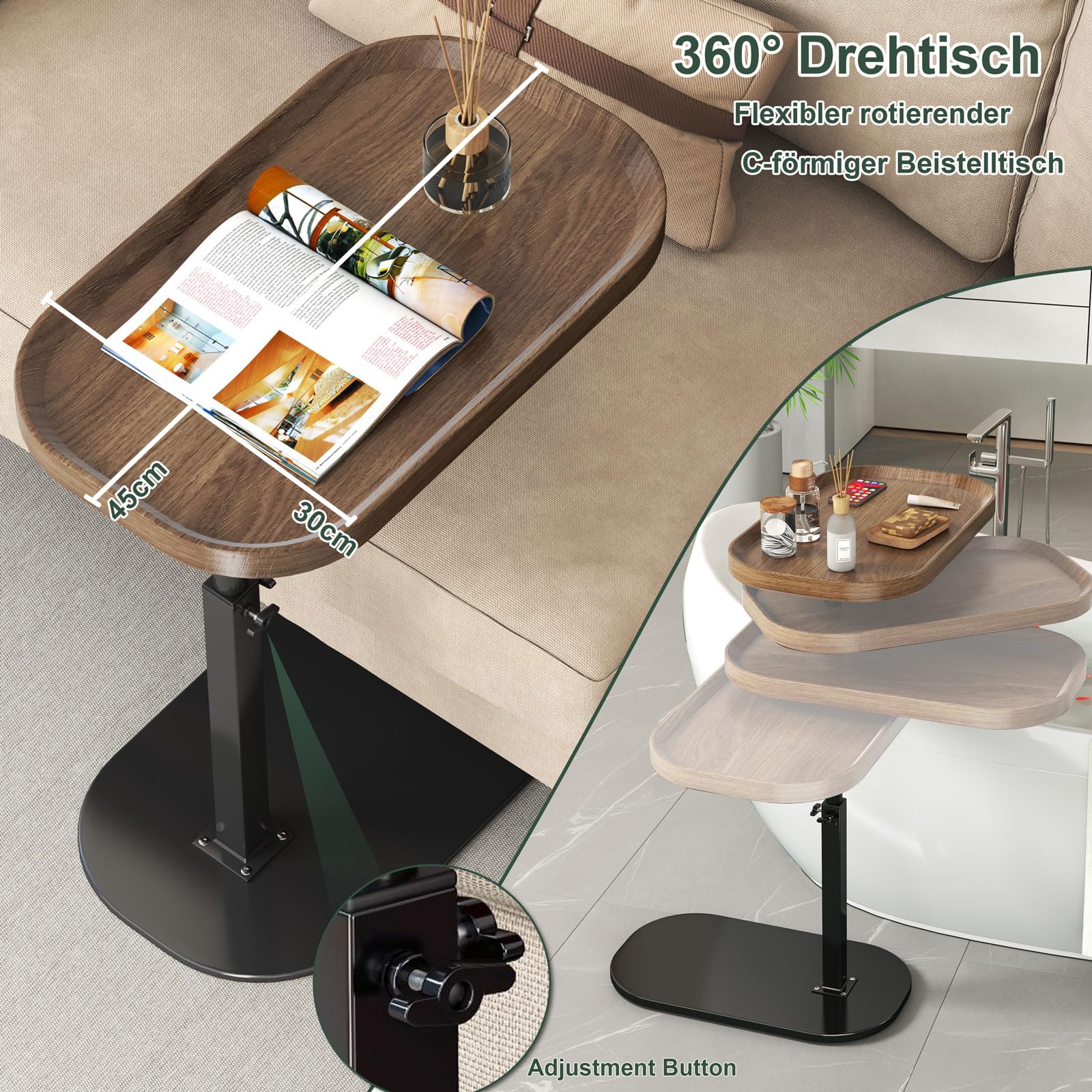 Mesa Auxiliar en Forma de C, Regulable en Altura y Giratoria 360°, Mesa Lateral Moderna y Móvil de Madera para Sofá y Café