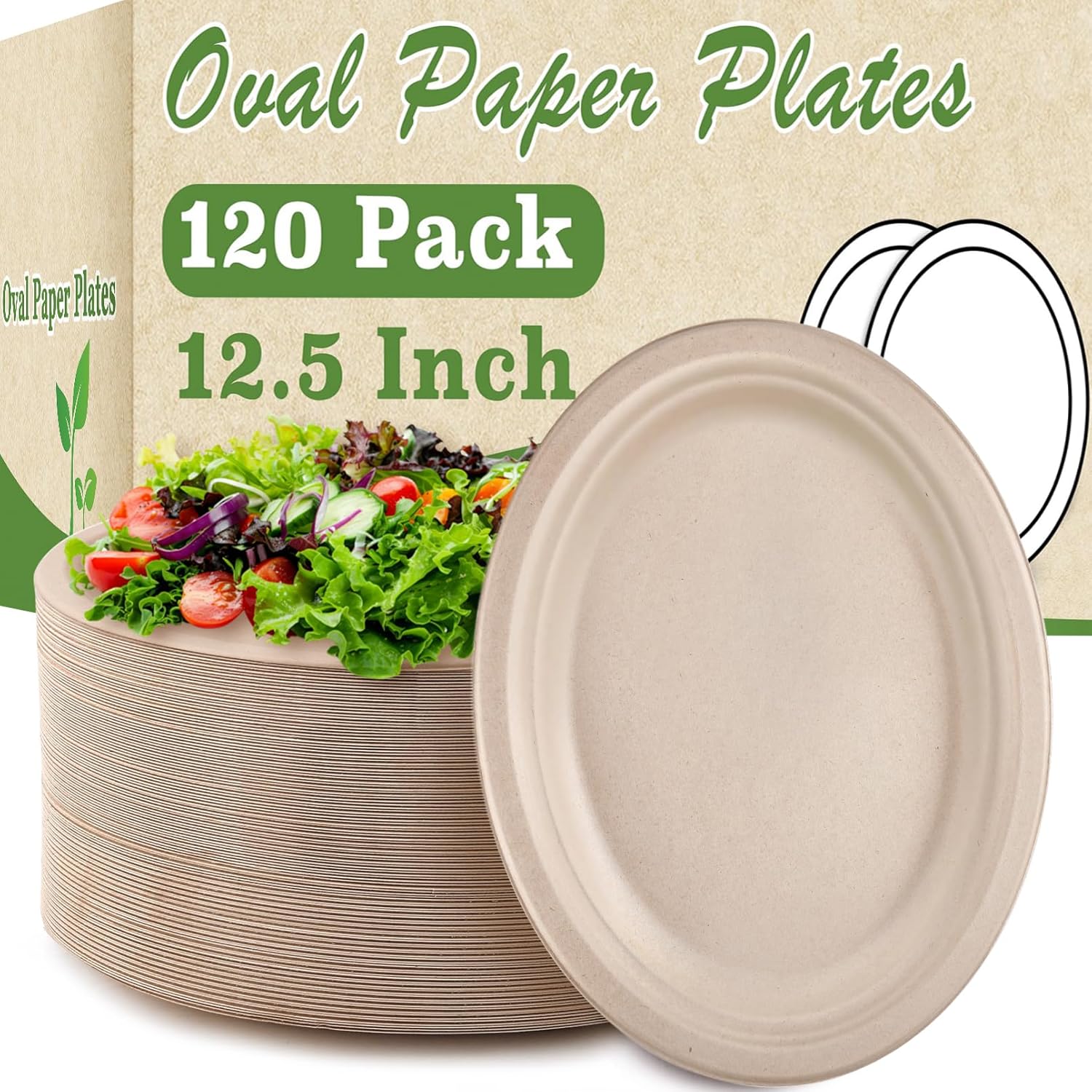 120 Pack Oval Paper Plates, 12.5 Inch Disposable Dinner Plates, Disposable Heavy Duty Large Biodegradable Plate, Super Strong Compostable Paper Plate for BBQ Party Picnic, Natural Brown