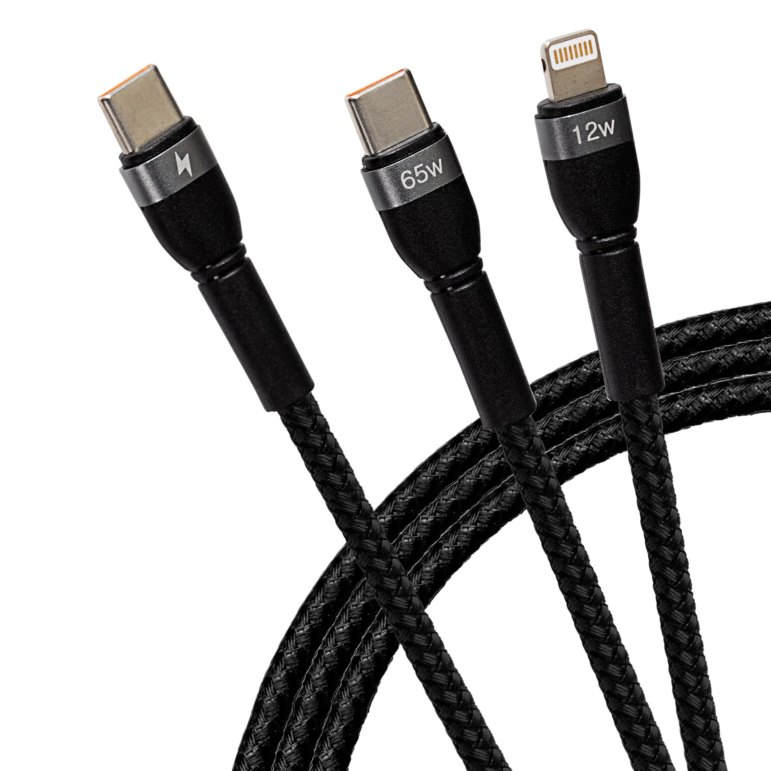 Maplin 2-in-1 USB-C to Multi-Charging USB-C 65W & Lightning 12W Braided Cable 2m, for Apple MacBook, iPad, iPhones, Samsung Galaxy, Airpods, Microsoft Surface, Google Pixel, Honor and more