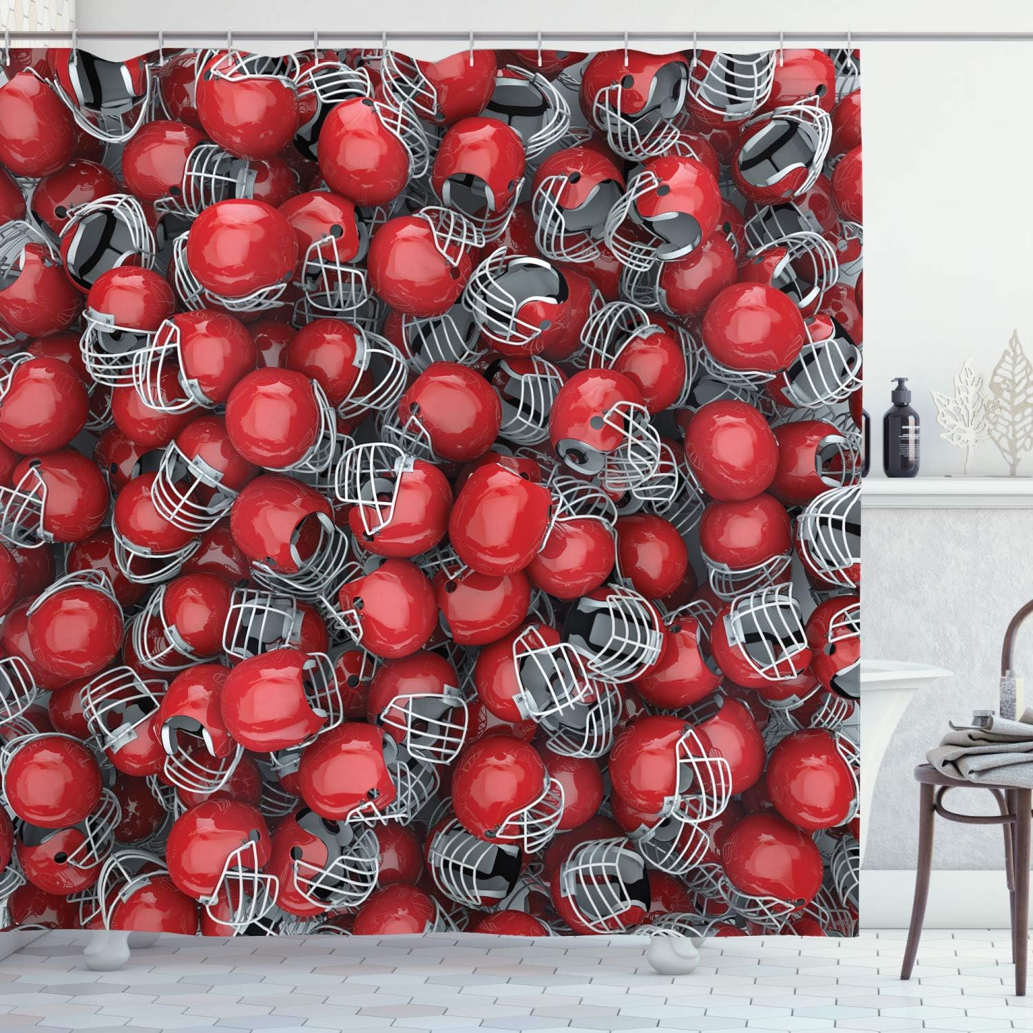 Ambesonne Sports Shower Curtain, Pile of Vivid Protective Headgear Competition Defense Sports Theme American Football, Cloth Fabric Bathroom Decor Set with Hooks, 69" W x 75" L, Red Grey