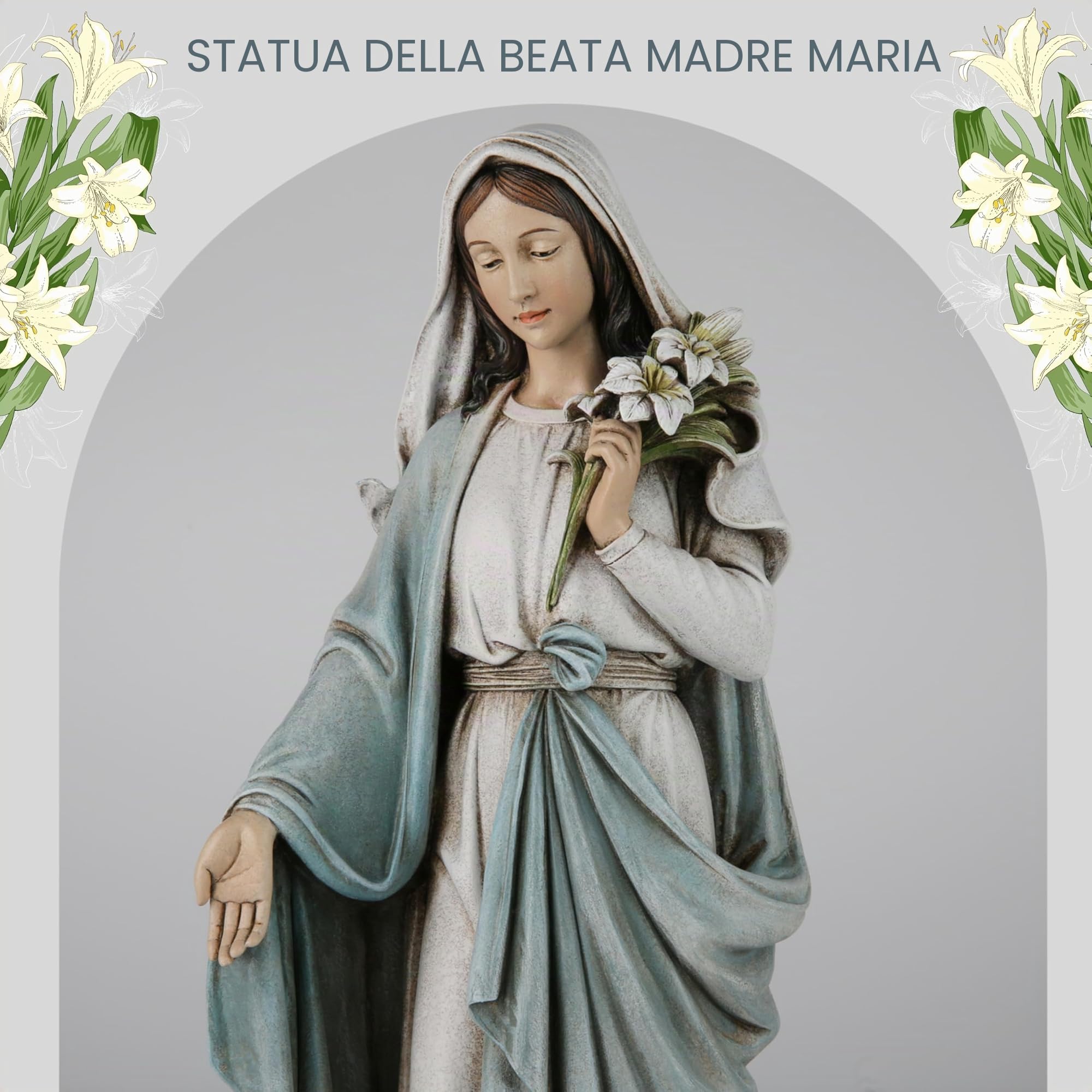 Grace4Joy Statua Madonna Beata Maria: statua della Madonna Vergine Maria, elegante decorazione per la casa, dipinta a mano, Santa Maria con gigli, collezione Renaissance.