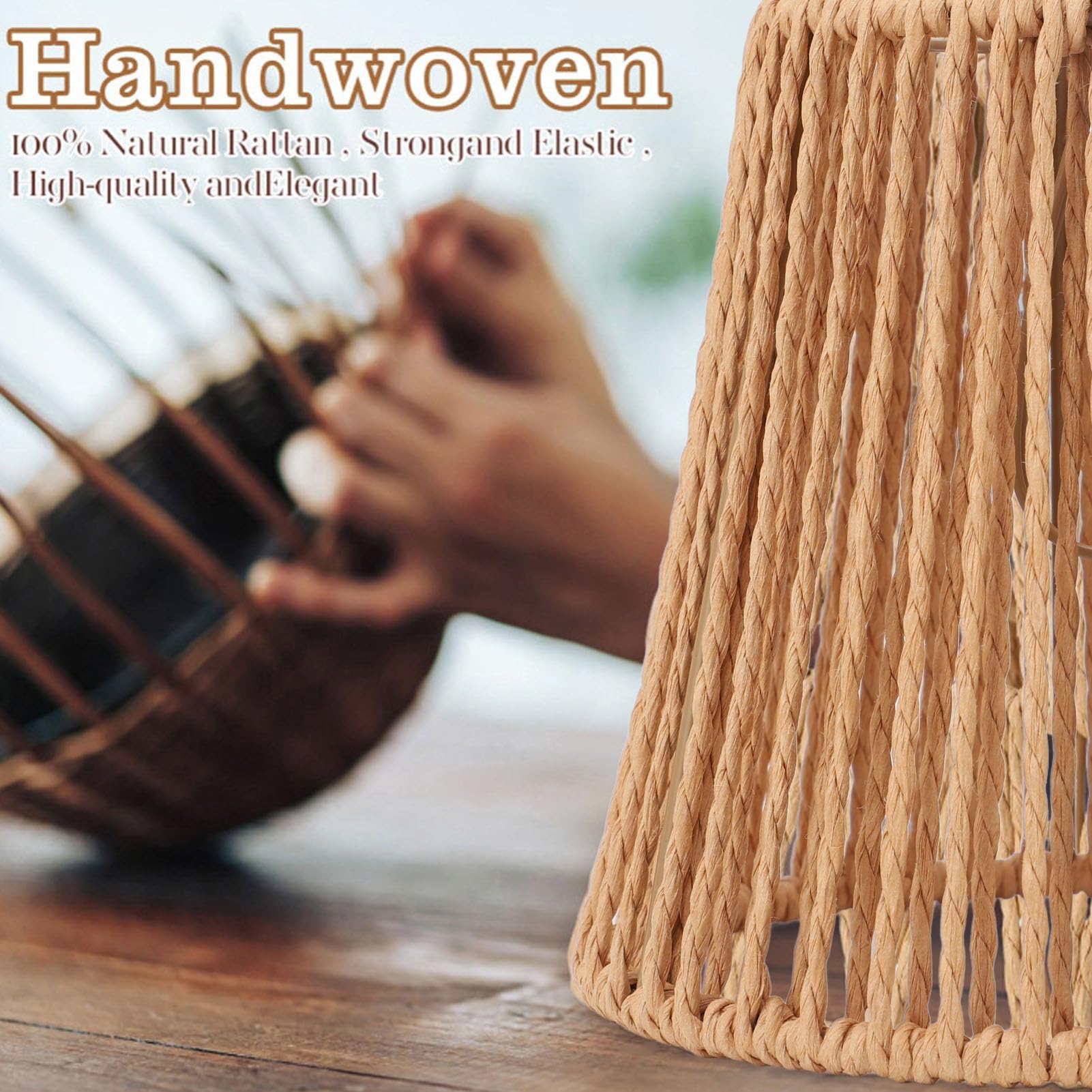 Handwoven Rattan Lampshade Set, 3 Pieces, Wicker Light Shades, Paper Rope Material, 9cm x 14cm, Rustic Style, E14 Clip-on - Image 4
