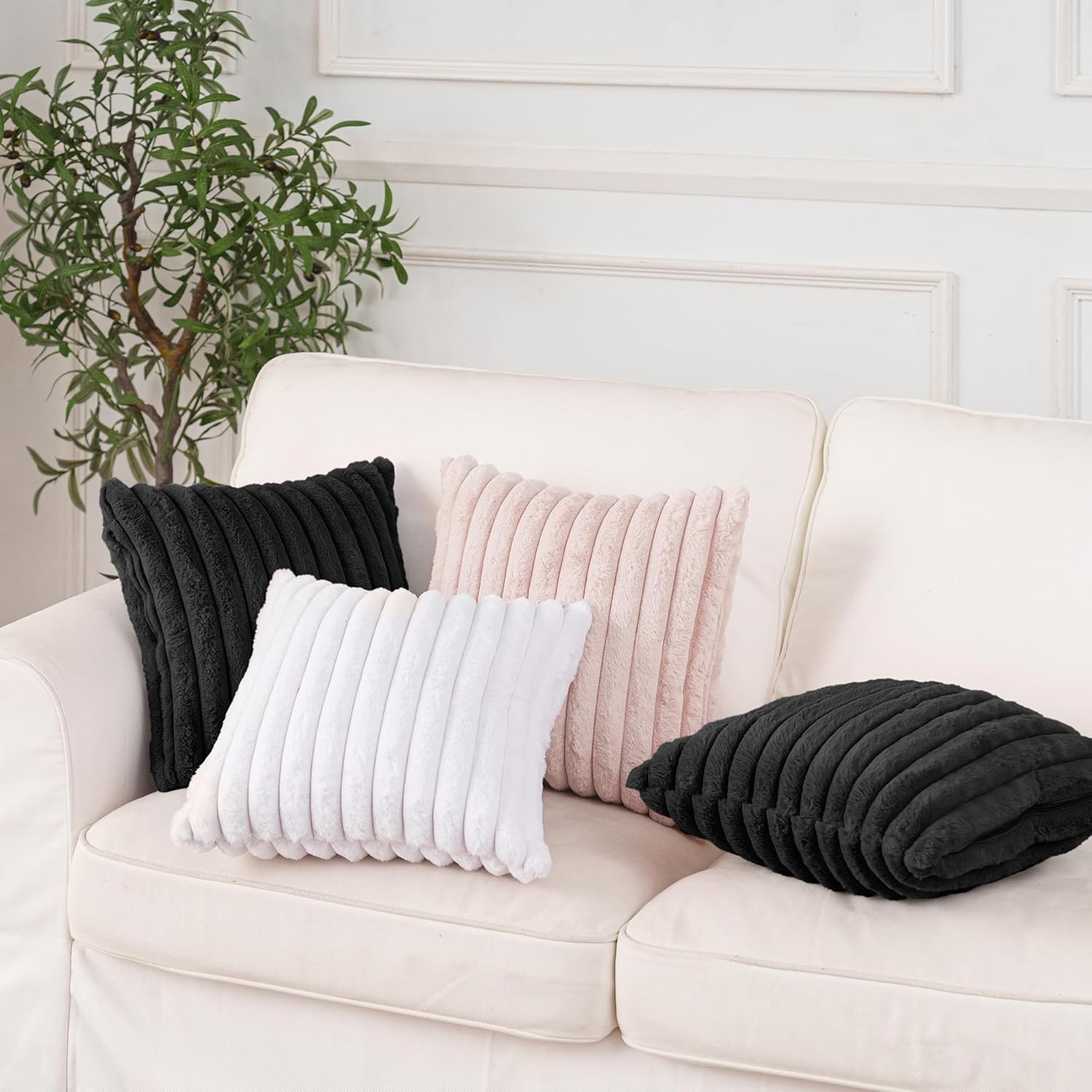 NiNi ALL Faux Fur Plush Throw Pillow Covers Black 20x20 Inch Set of 2 Decorative Soft Plush Striped Couch Pillow Cover for Sofa Cushion Cases for Couch Bed Home Decor