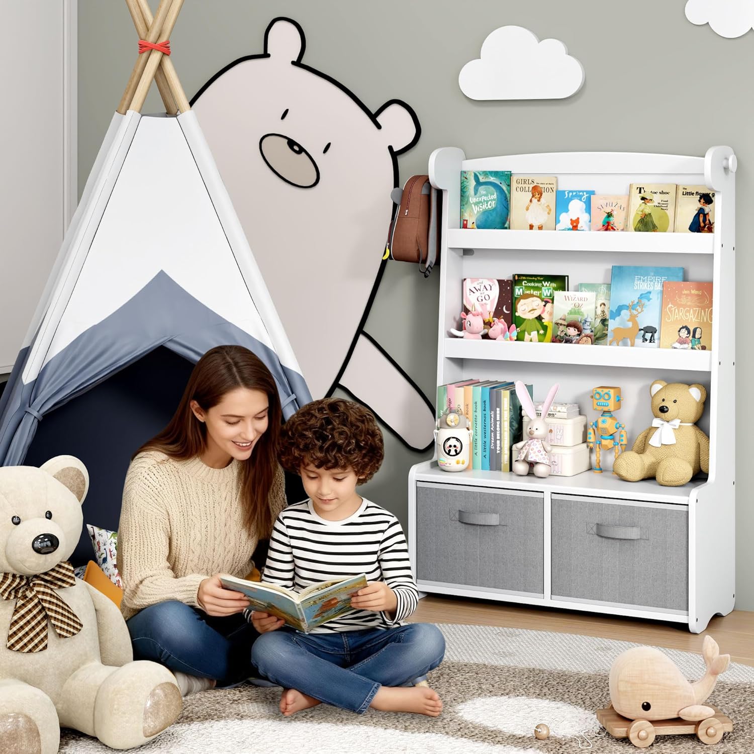 WISUCART Kids Bookshelf withToy Storage Organizer, 3 Tier Bamboo Todders Book Shelf Large Book Rack for Child Room Playroom Nursery for Kids, Children, Toddlers (White)