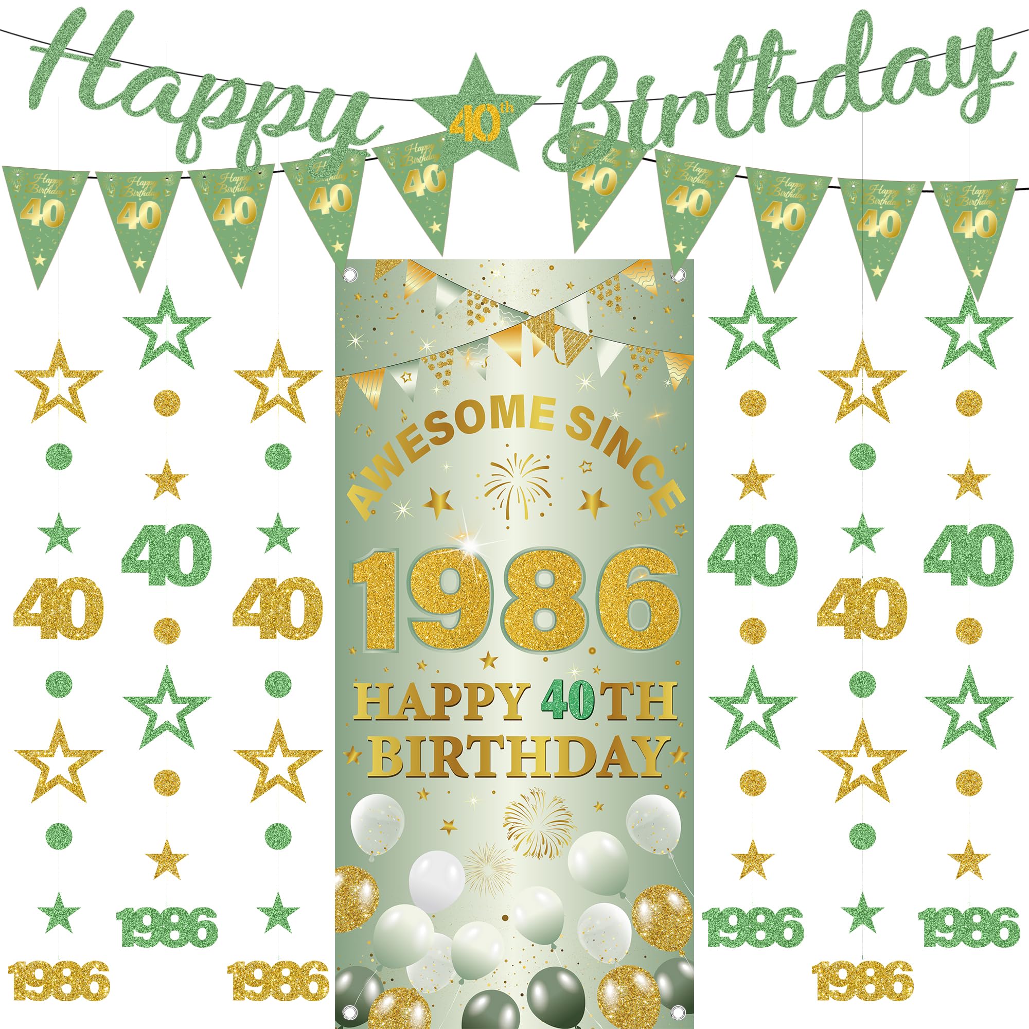 40th Birthday Decorations Women Banners - 9 Pcs Green Gold Happy Birthday Banner Awesome Since 1986 Curtain Twinkle Star Dot Hanging Streamer Pennant for Her 40 Years Old Party Decor Supplies