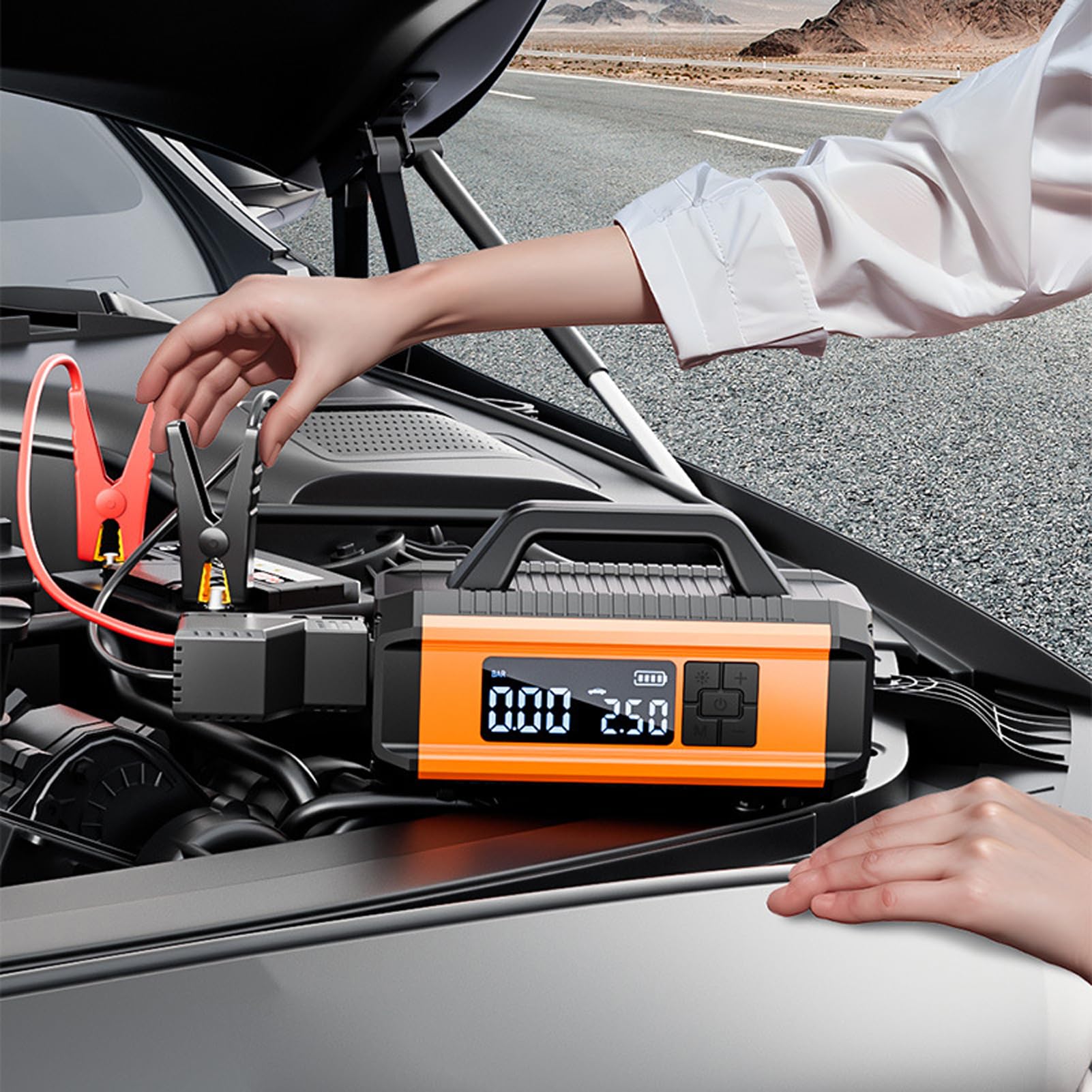 Arrancador de batería multifunción con compresor de aire, bomba portátil de 150 psi, batería de 10000 mAh con luz LED para coche, SUV, furgoneta, tractor