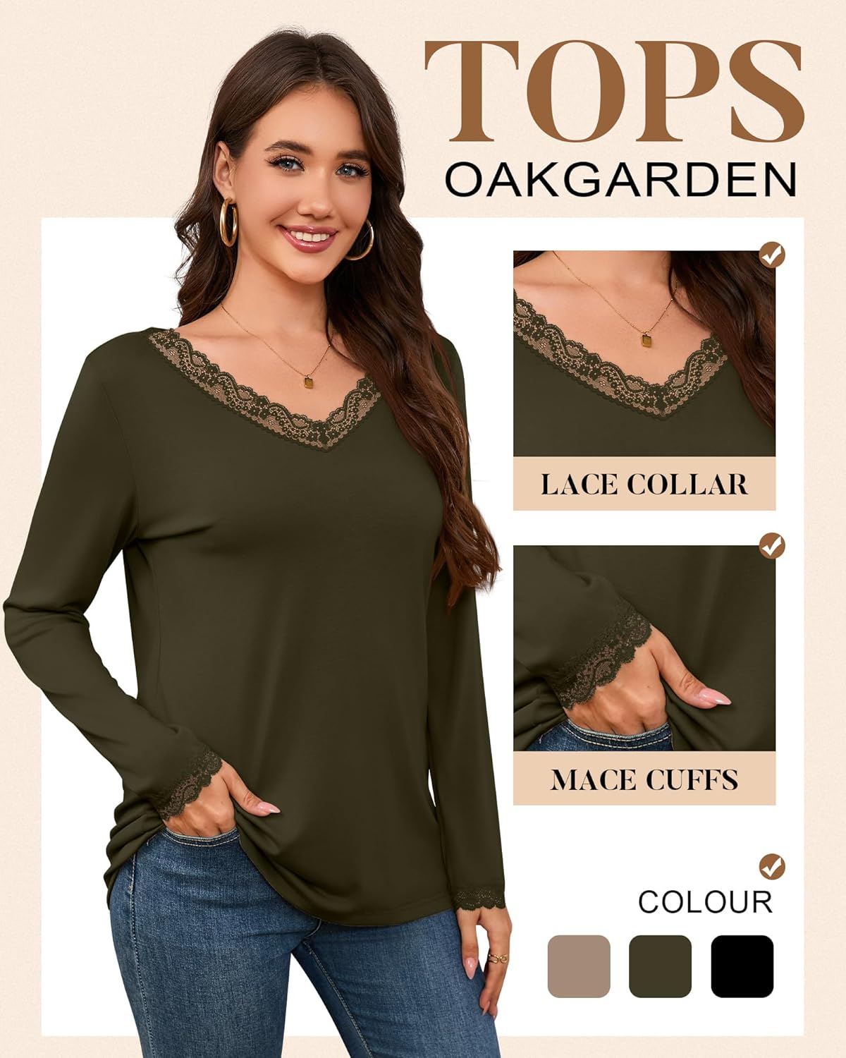 3 Pack Long Sleeve Shirts for Women V Neck Lace Trim Loose Dressy Business Casual Top Blouse Fall Trendy Basic Tee - Image 3