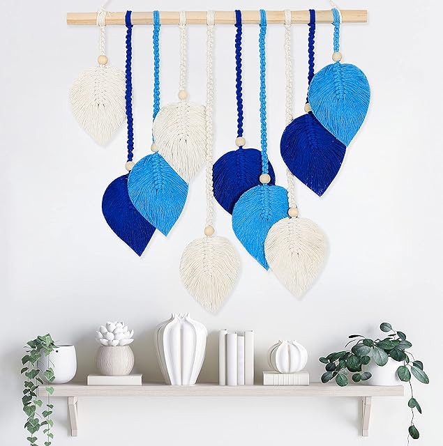 HOLAVIDA Leaf Wall Hanging Boho, Tassel Chic Wall Tapestry Bohemian Wall Decor for Living Room Bedroom Office(45cm×55cm)