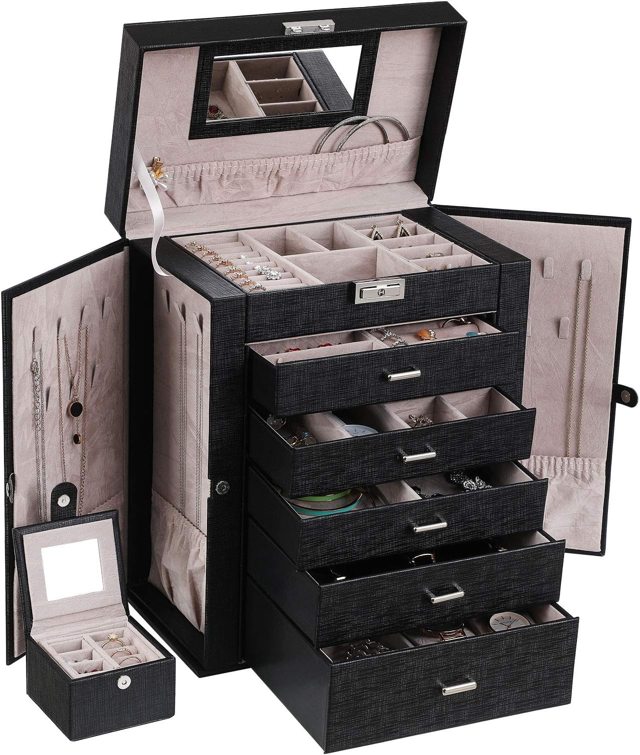ANWBROAD JJB004 Large 6 Tier Jewelry Box with Mirror Lock for Girls Jewellery Box for Earrings Rings Necklaces Bracelets Faux Leather Gift, 27 x 16 x 33cm (L x W x H), Faux Leather