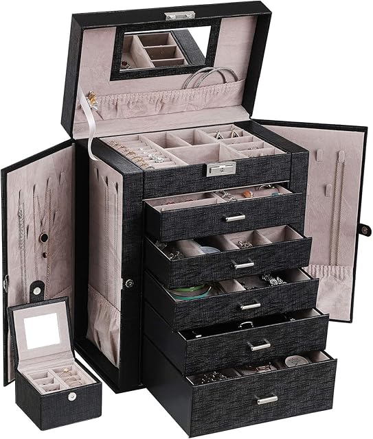ANWBROAD 6 Tier Huge Jewelry Box Jewelry Organizer Box Display Storage Case Holder with Lock Mirror Girls Jewelry Box for Earrings Rings Necklaces Bracelets Gift Faux Leather JJB004