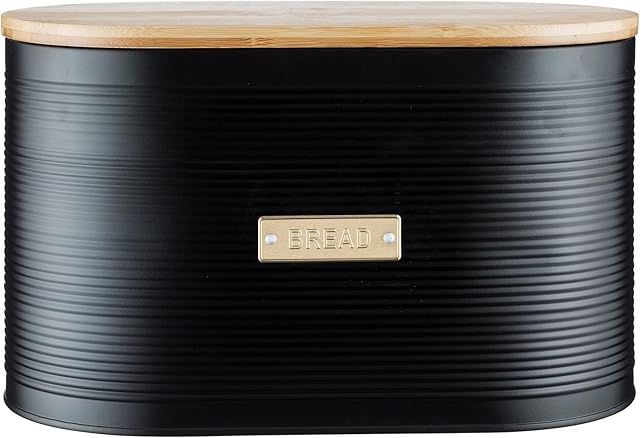 Typhoon Otto Bread Bin with Bamboo Lid, 10 Litre, Matte Black and Gold