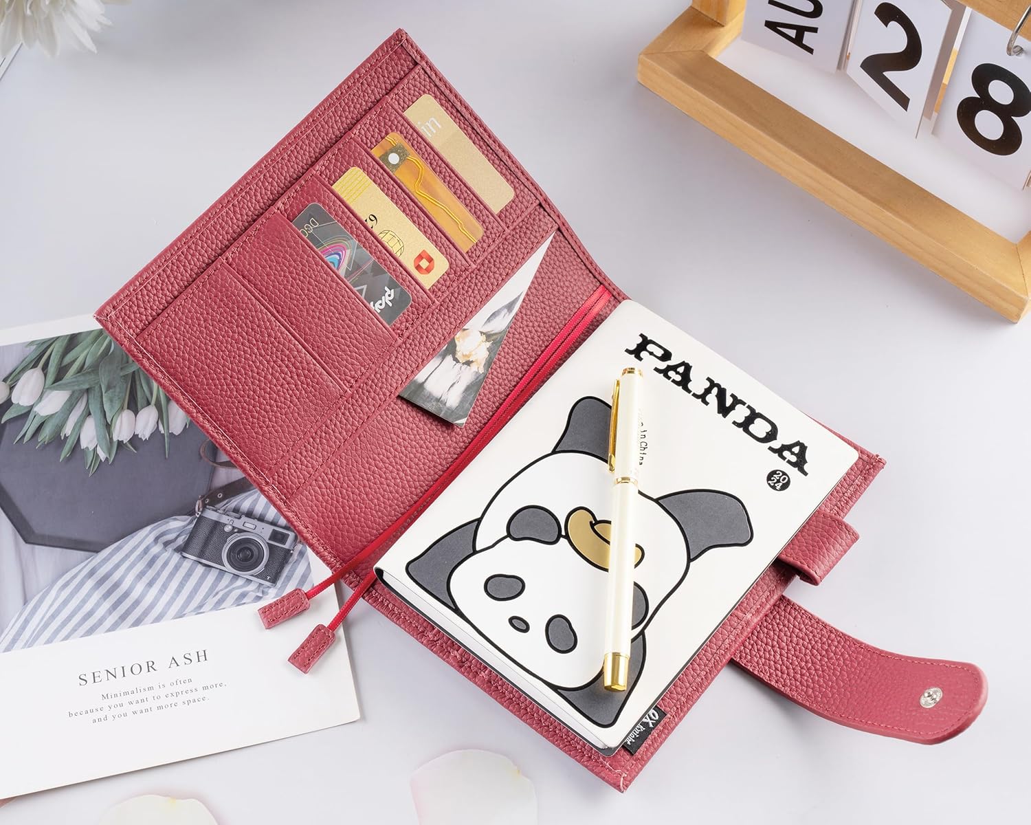 Genuine Leather Cover for A6 Notebooks, Fits Hobonichi Techo Original,Midori MD Planners, Leuchtturm1917 and Stalogy with Pen Loop, Card Slots, Side Pockets, Back Pocket and Bookmarks (Red)