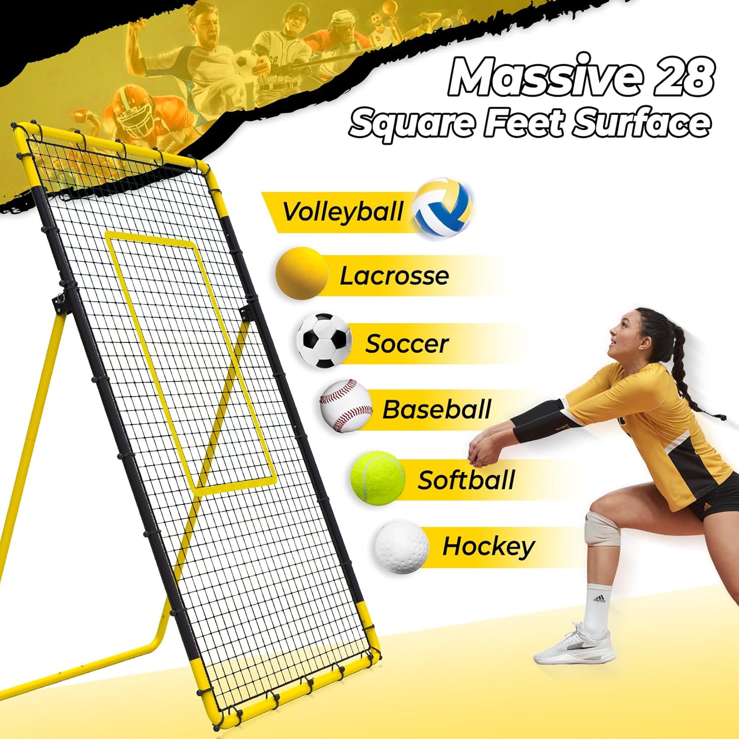 Happy Jump 7x4 FT Portable Volleyball Rebounder Net, 5 Adjustable Angles Bounce Back Trainer, Heavy-Duty Steel Frame & 45-Ply Net, Target Practice Training Equipment, Includes Volleyball