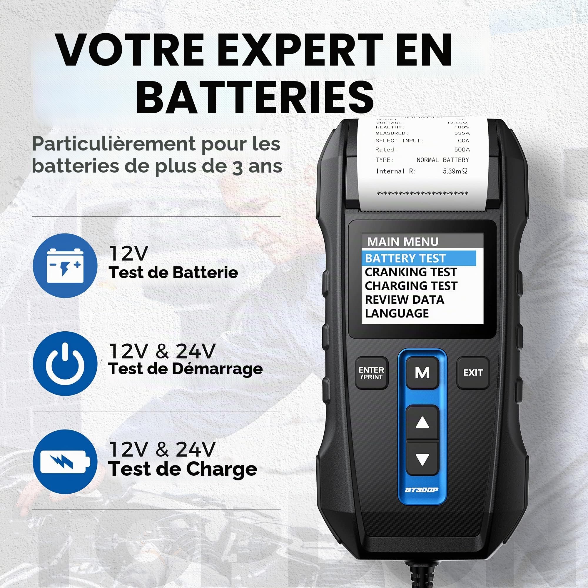 Testeur de Batterie TOPDON BT300P12V 24V Testeur batterie voiture professionnel Analyseur de système de démarrage avec imprimante intégrée pour voiture camion SUV moto bateau